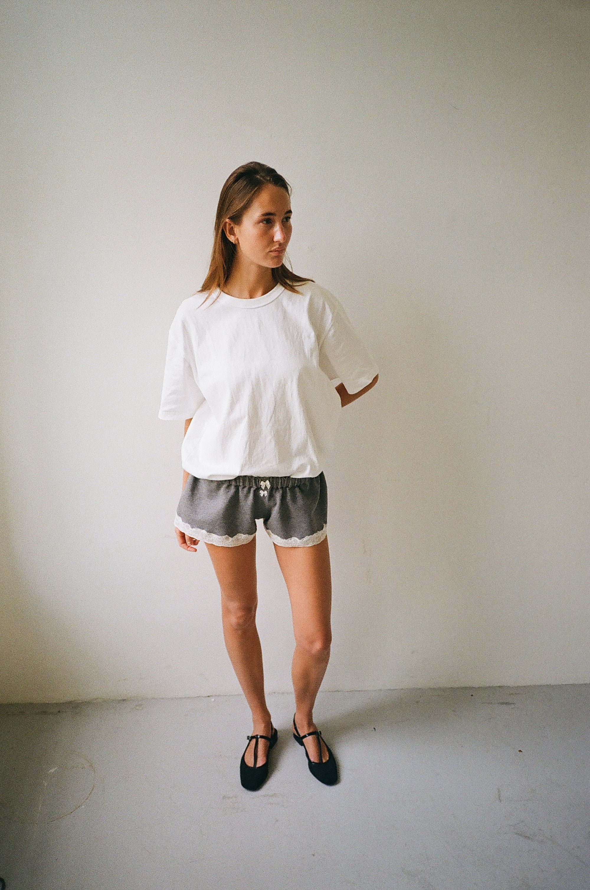 Lace sweat shorts in cotton, dark grey melange