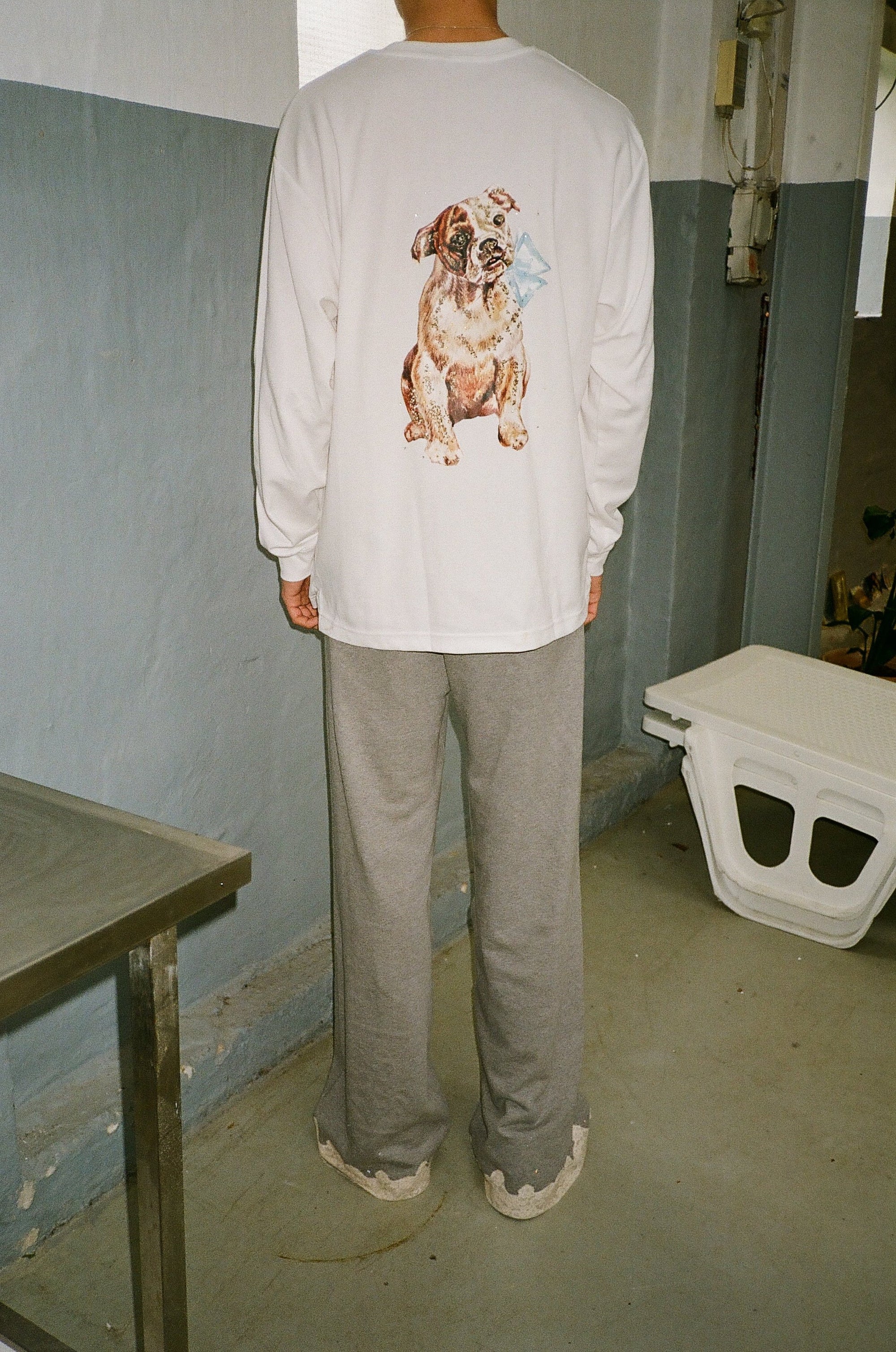 Oversized fit long sleeve dog t-shirt in cotton blend, white