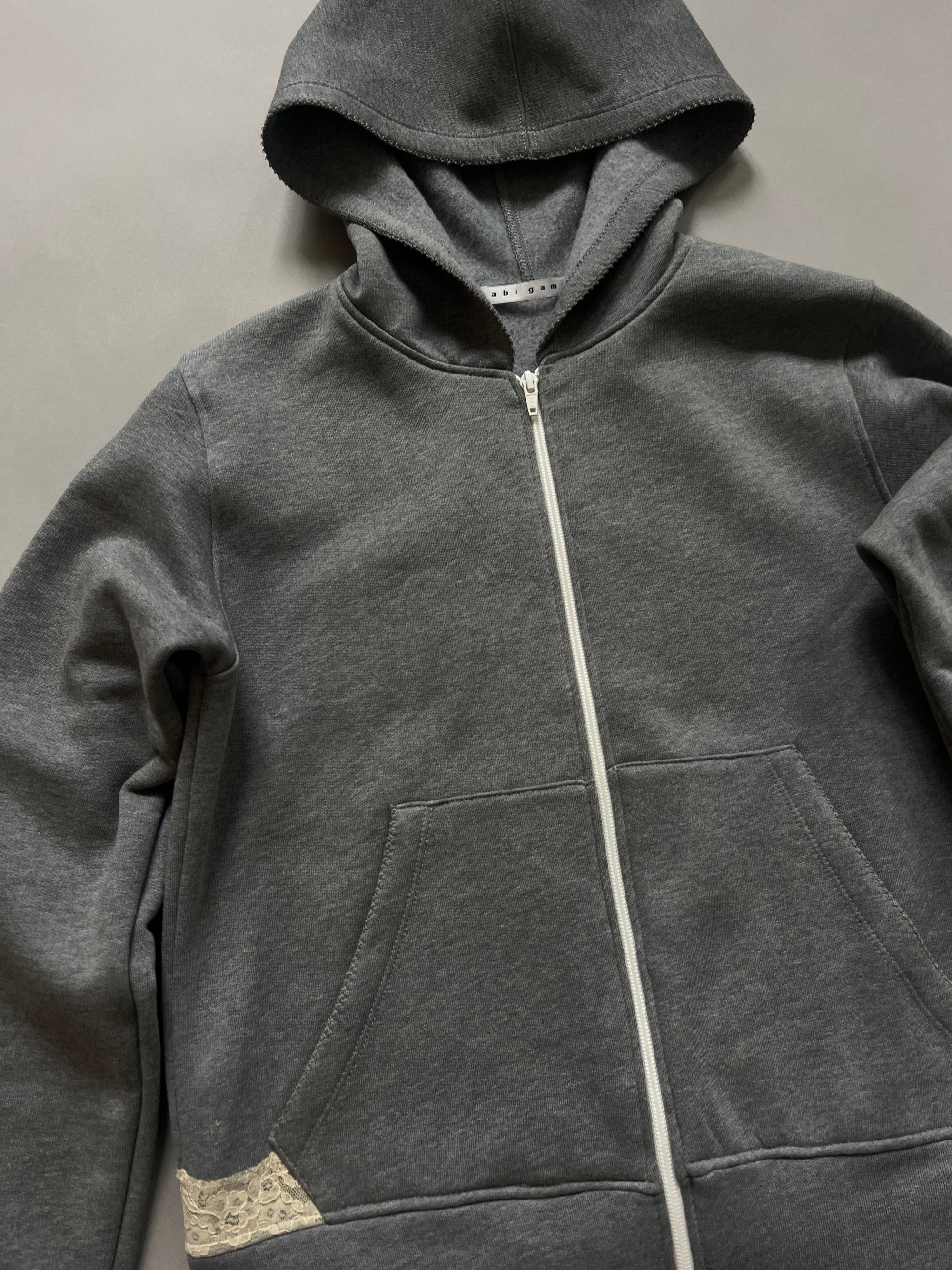 Lace zip-up hoodie in cotton, dark grey melange