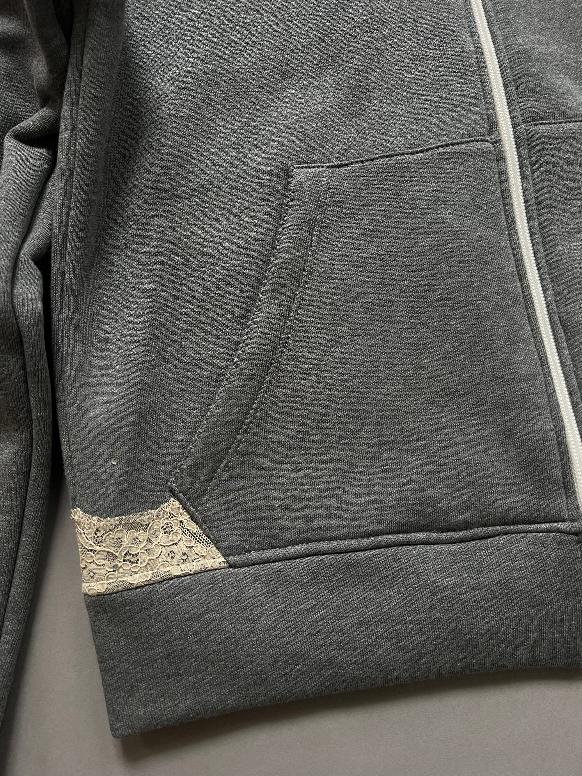 Lace zip-up hoodie in cotton, dark grey melange