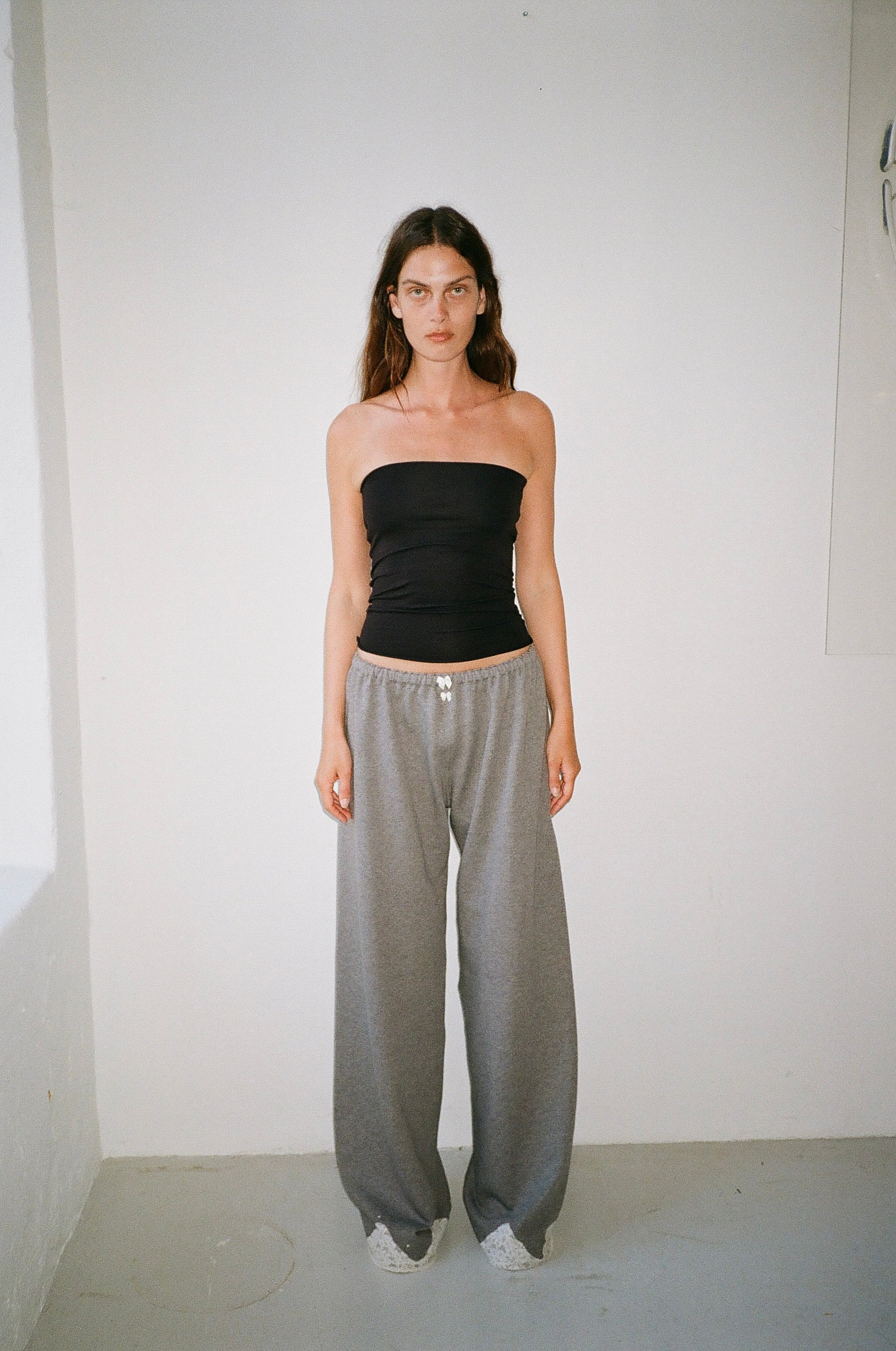 Lace sweatpants in cotton, dark grey melange