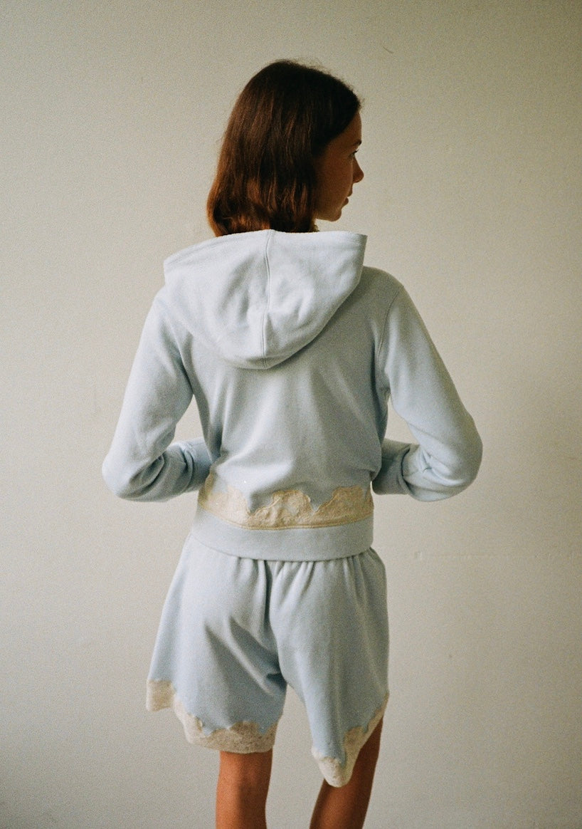 Lace zip-up hoodie in cotton, blue