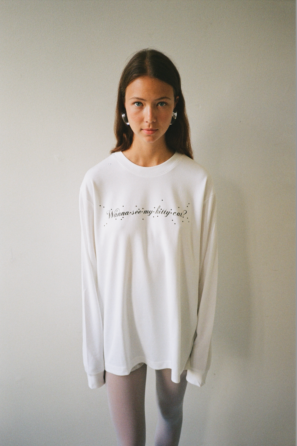 Oversized fit long sleeve cat t-shirt in cotton blend, white