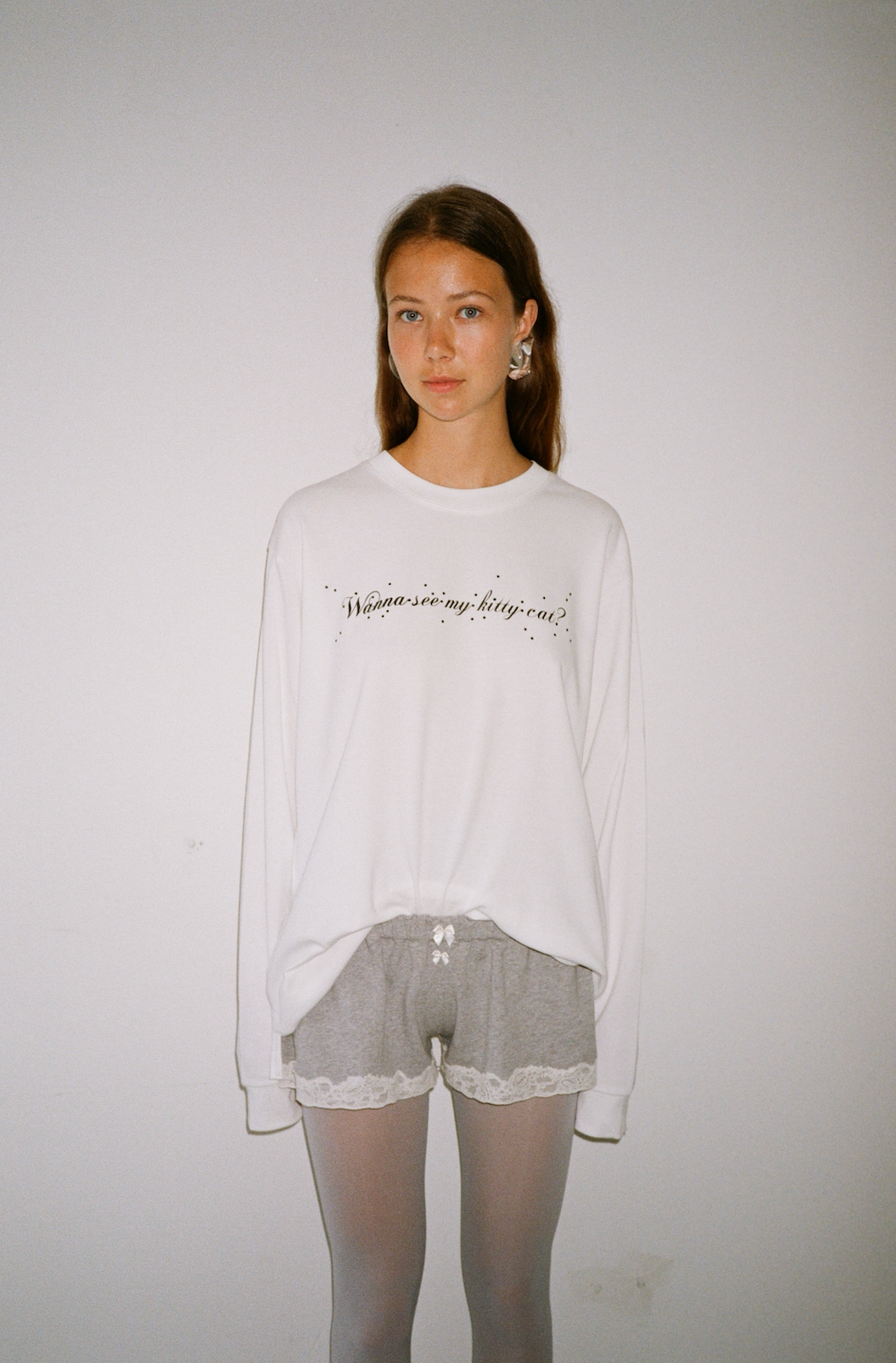 Lace mini sweat shorts in cotton, light grey melange