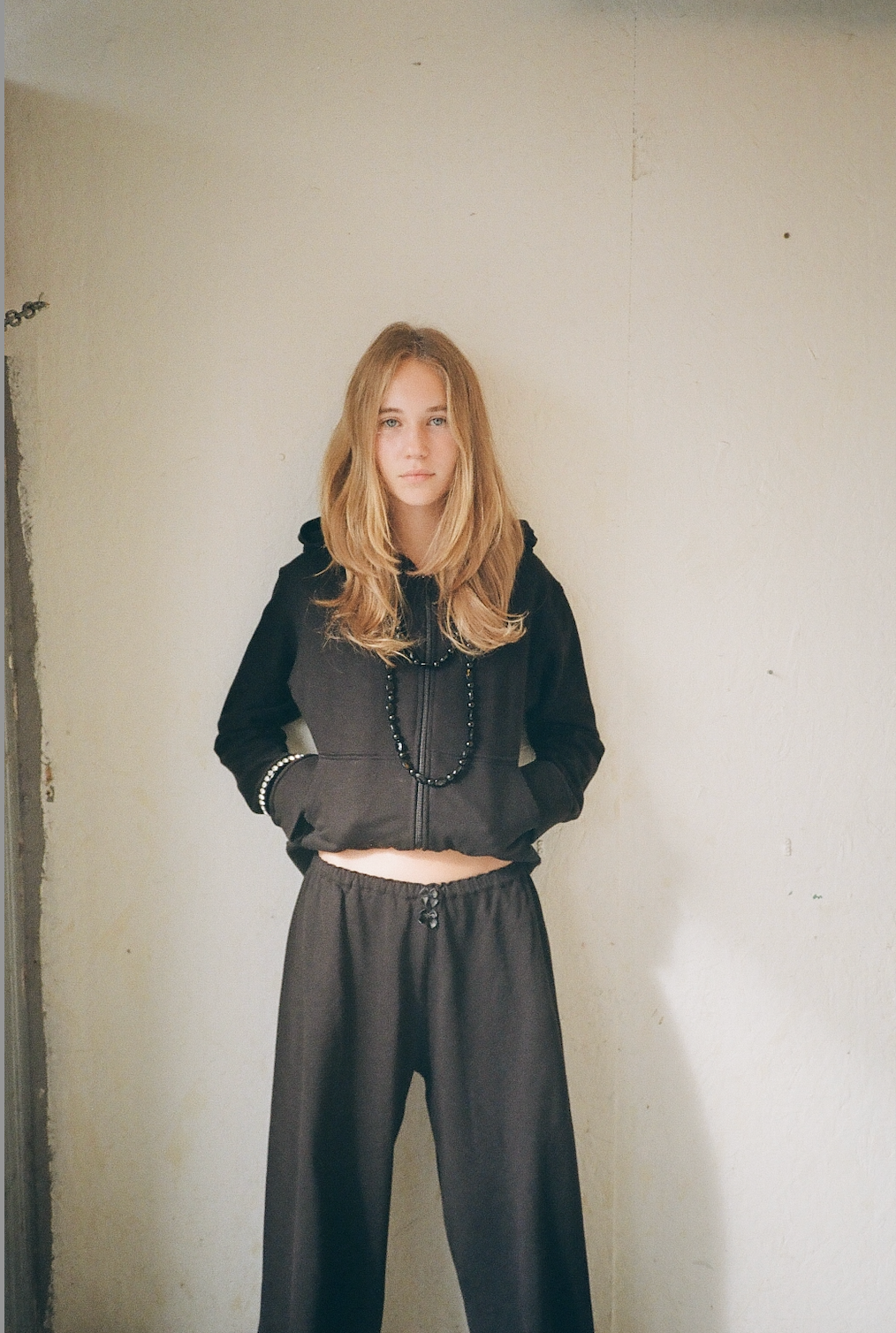 Lace zip-up hoodie in cotton, black