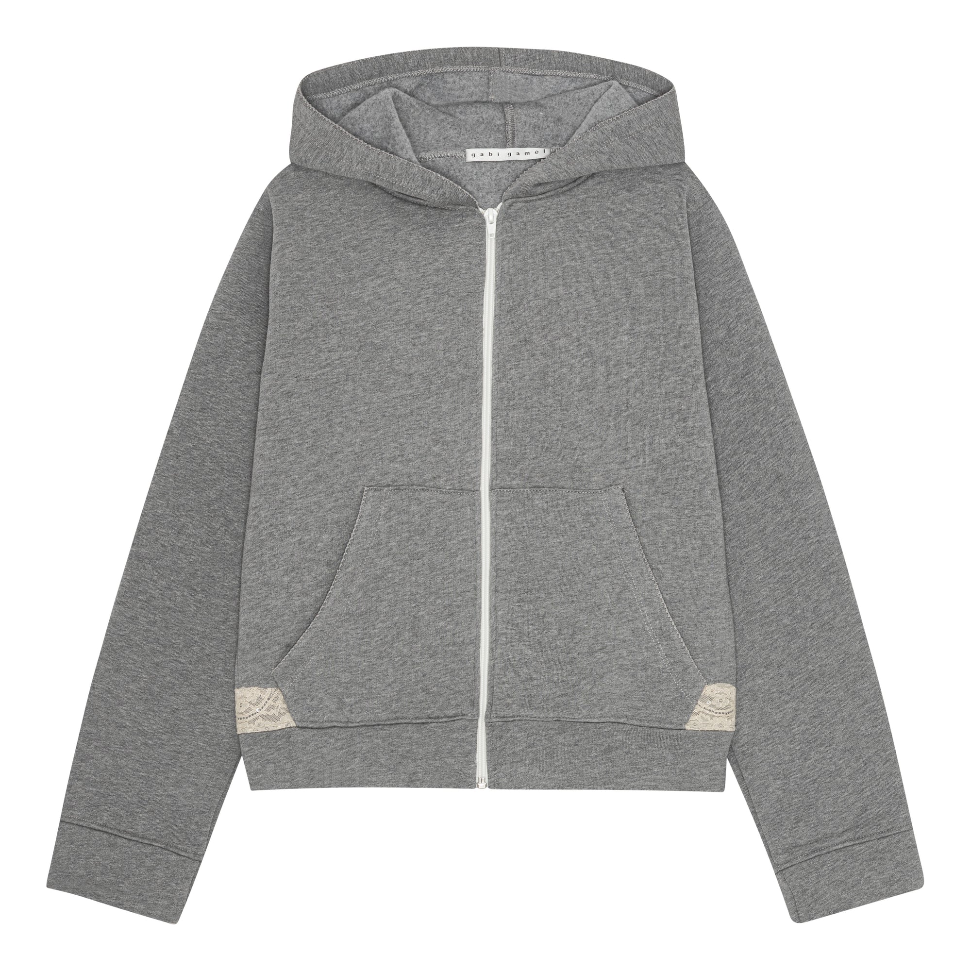 Lace zip-up hoodie in cotton, dark grey melange