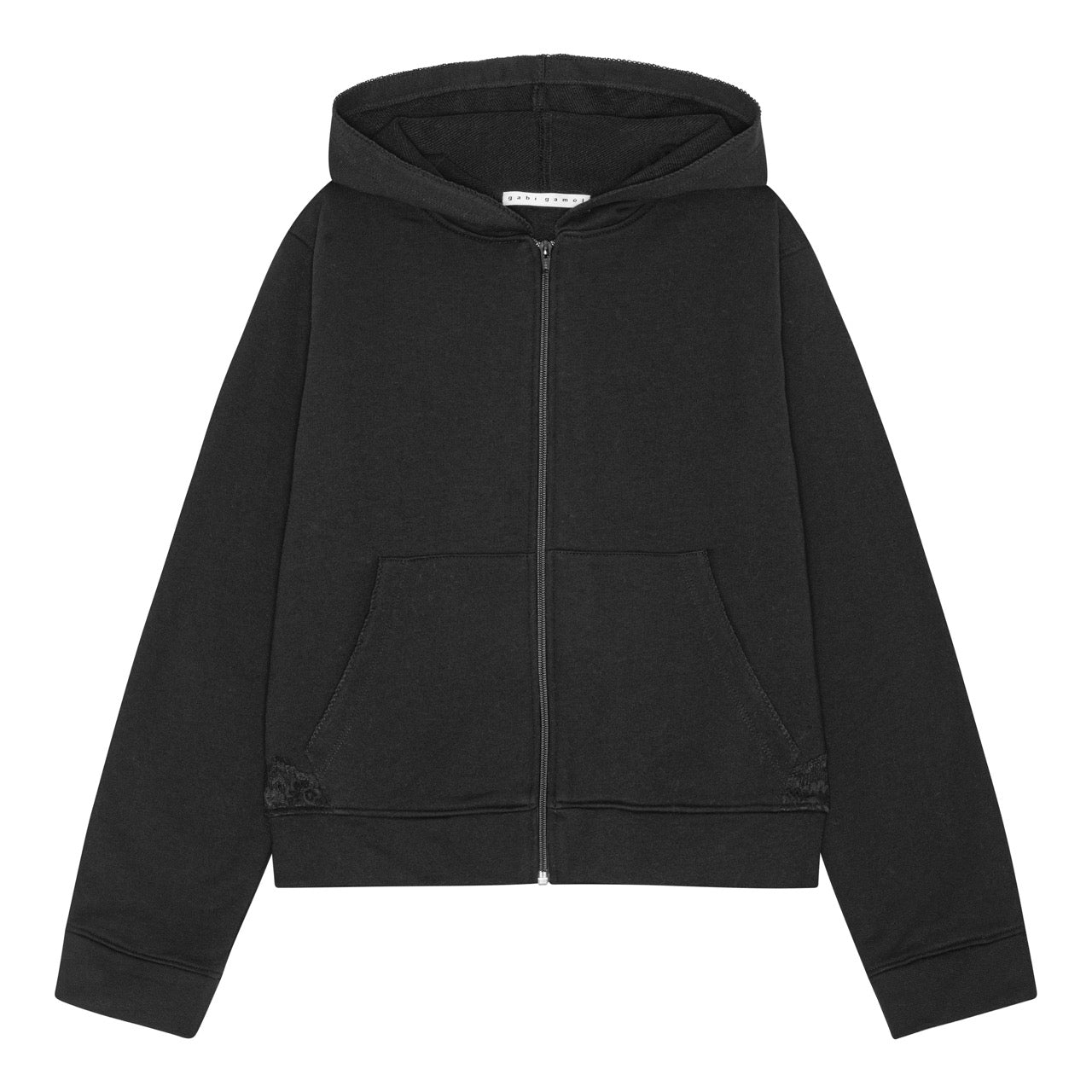 Lace zip-up hoodie in cotton, black