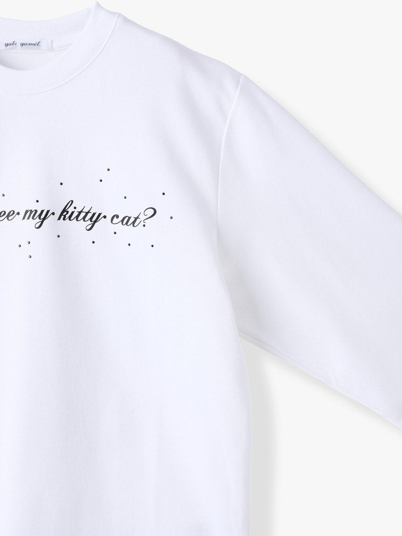 Oversized fit long sleeve cat t-shirt in cotton blend, white