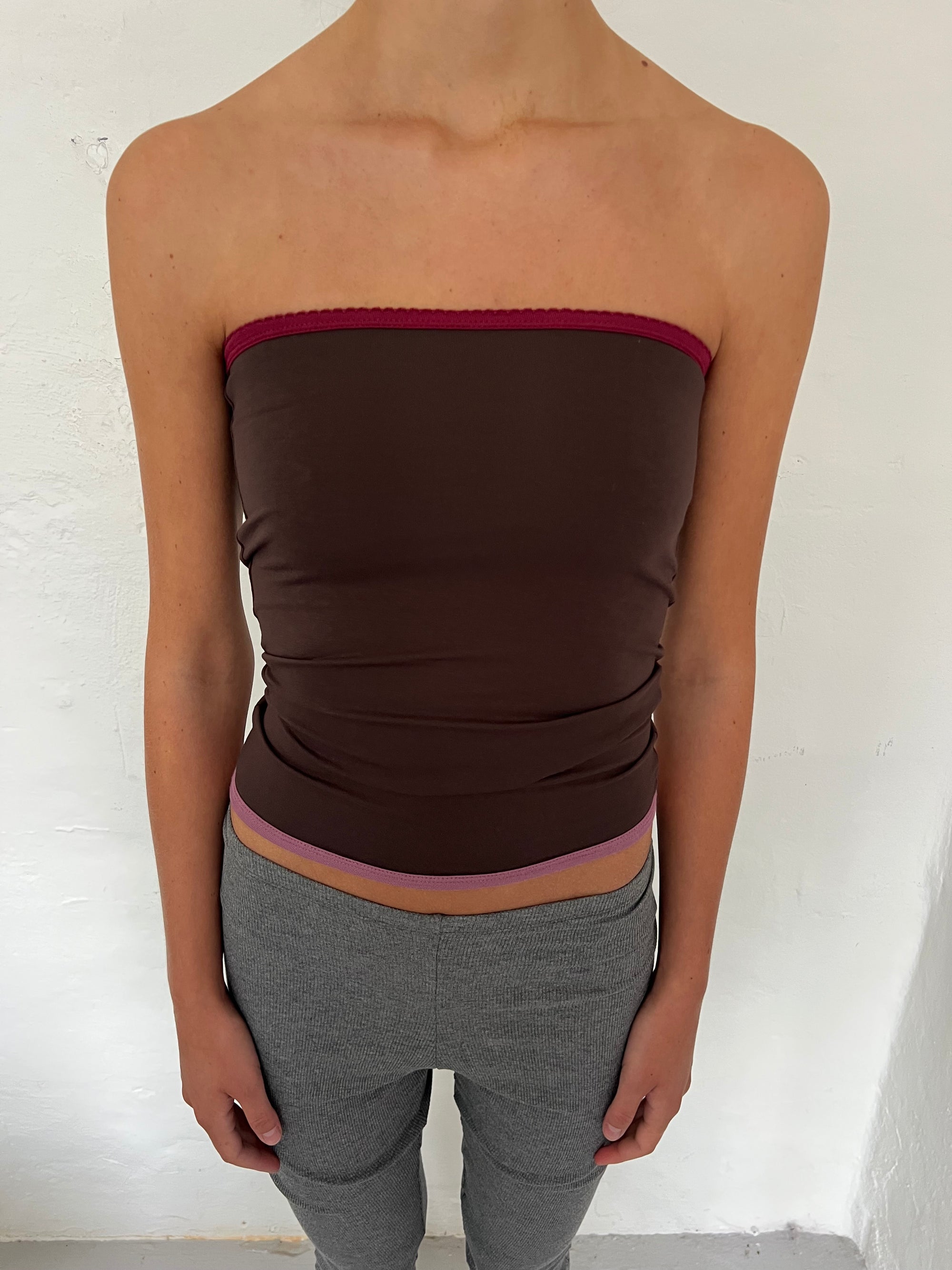 Bandeau top in viscose, picoeta burgundy/brown/rose