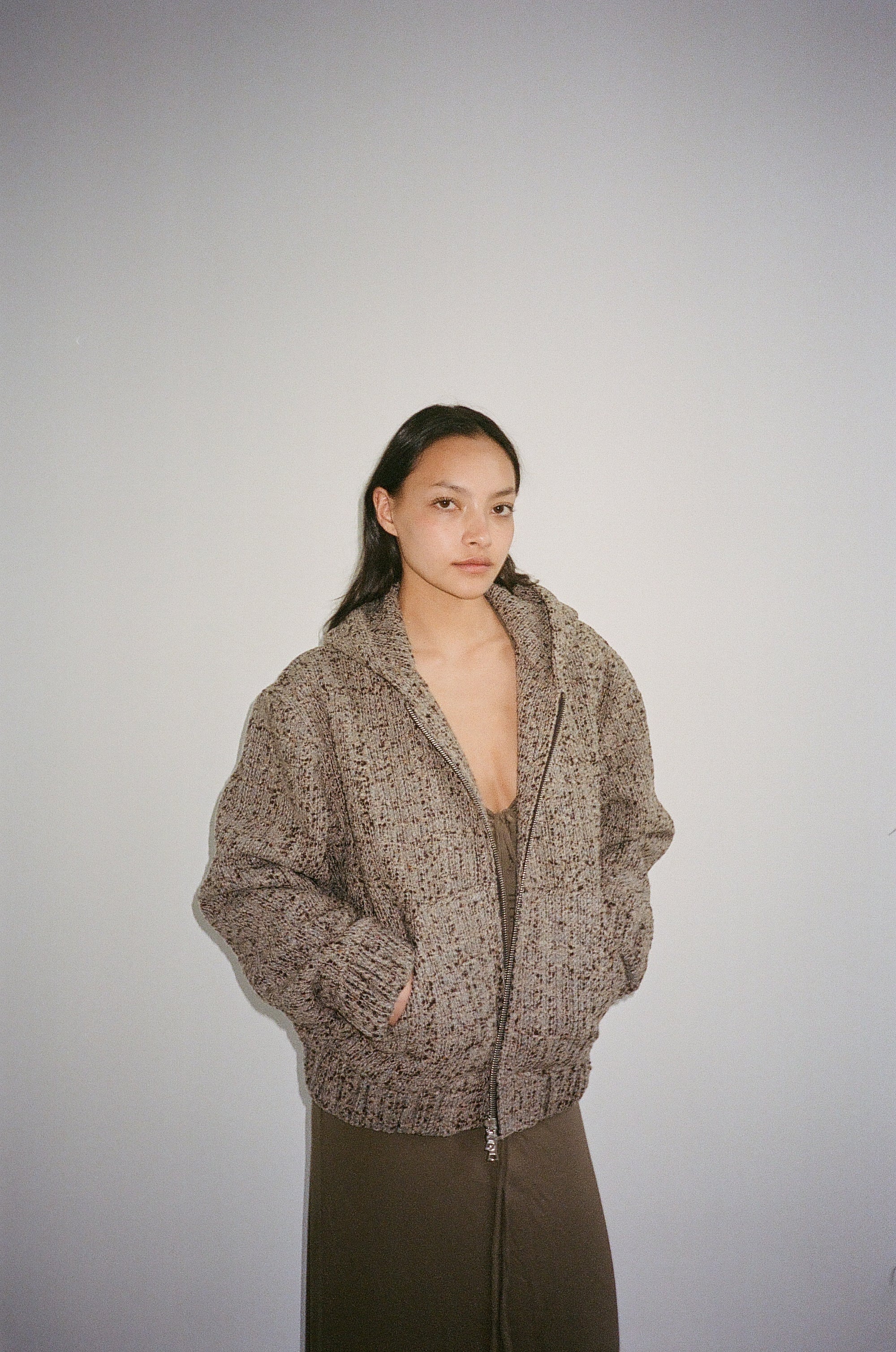 Hooded zip-up jacket in bouclé wool blend, mushroom