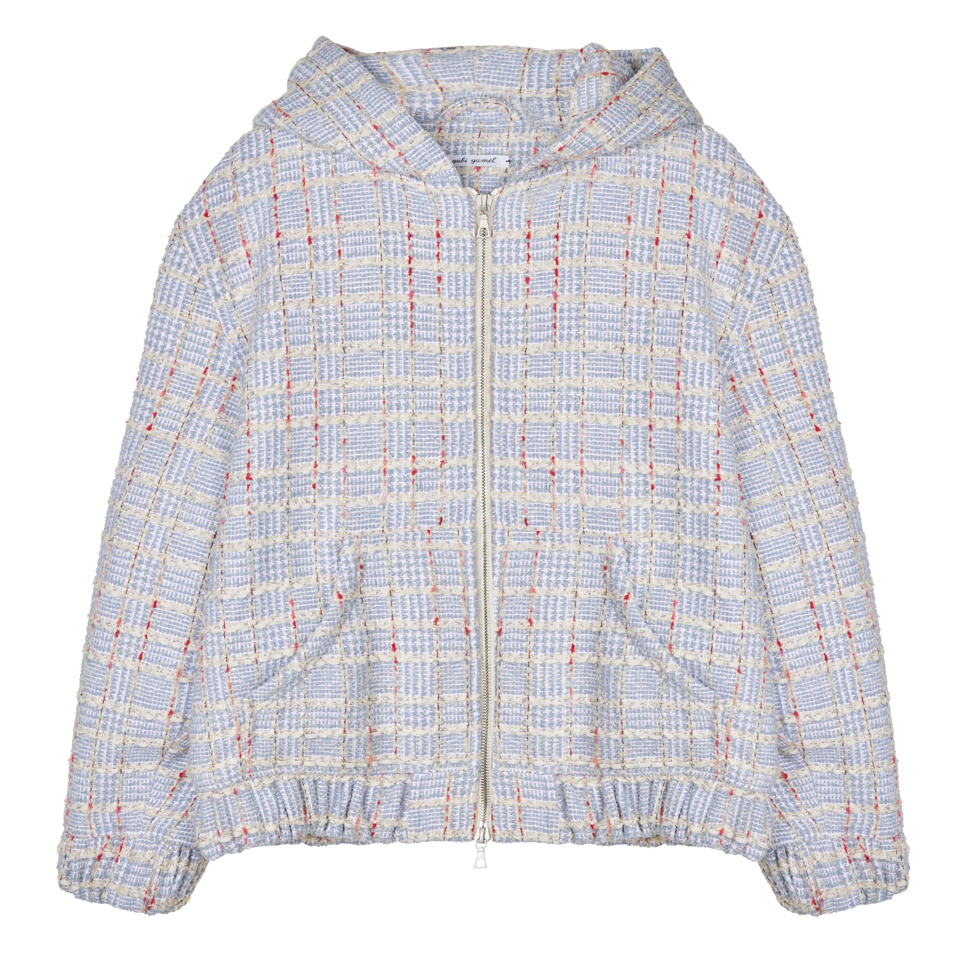 Hooded zip-up jacket in bouclé wool blend, cornflower lilac