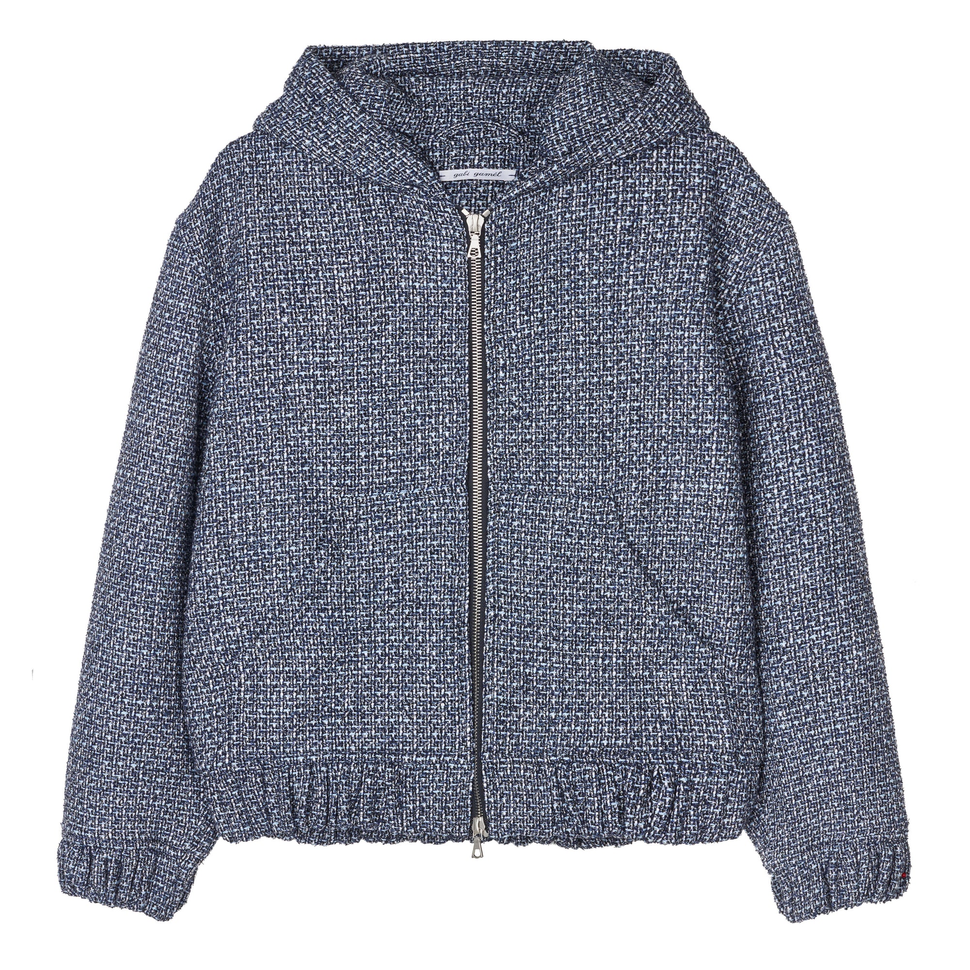 Hooded zip-up jacket in bouclé wool blend, confetti blue