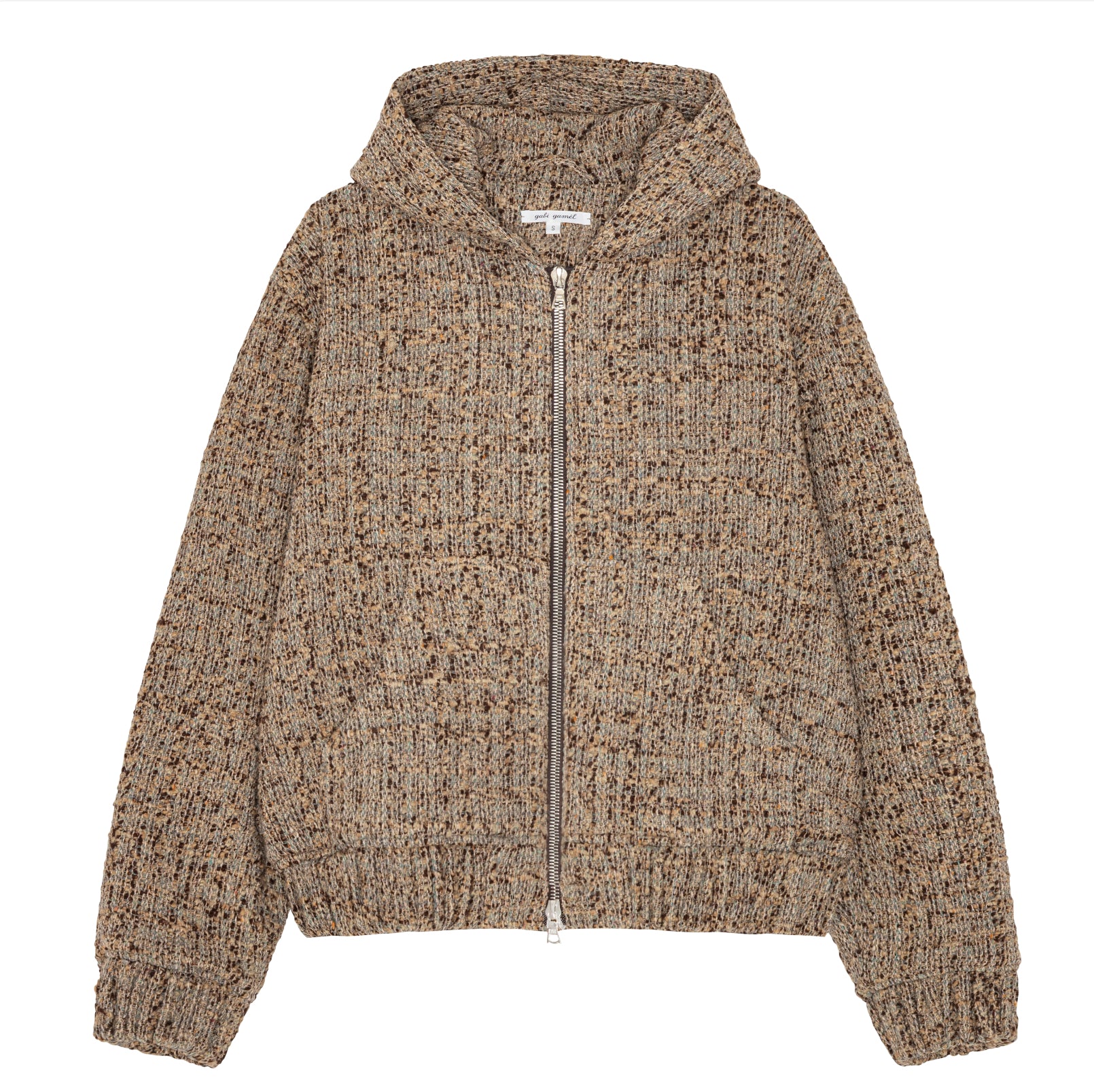 Hooded zip-up jacket in bouclé wool blend, mushroom