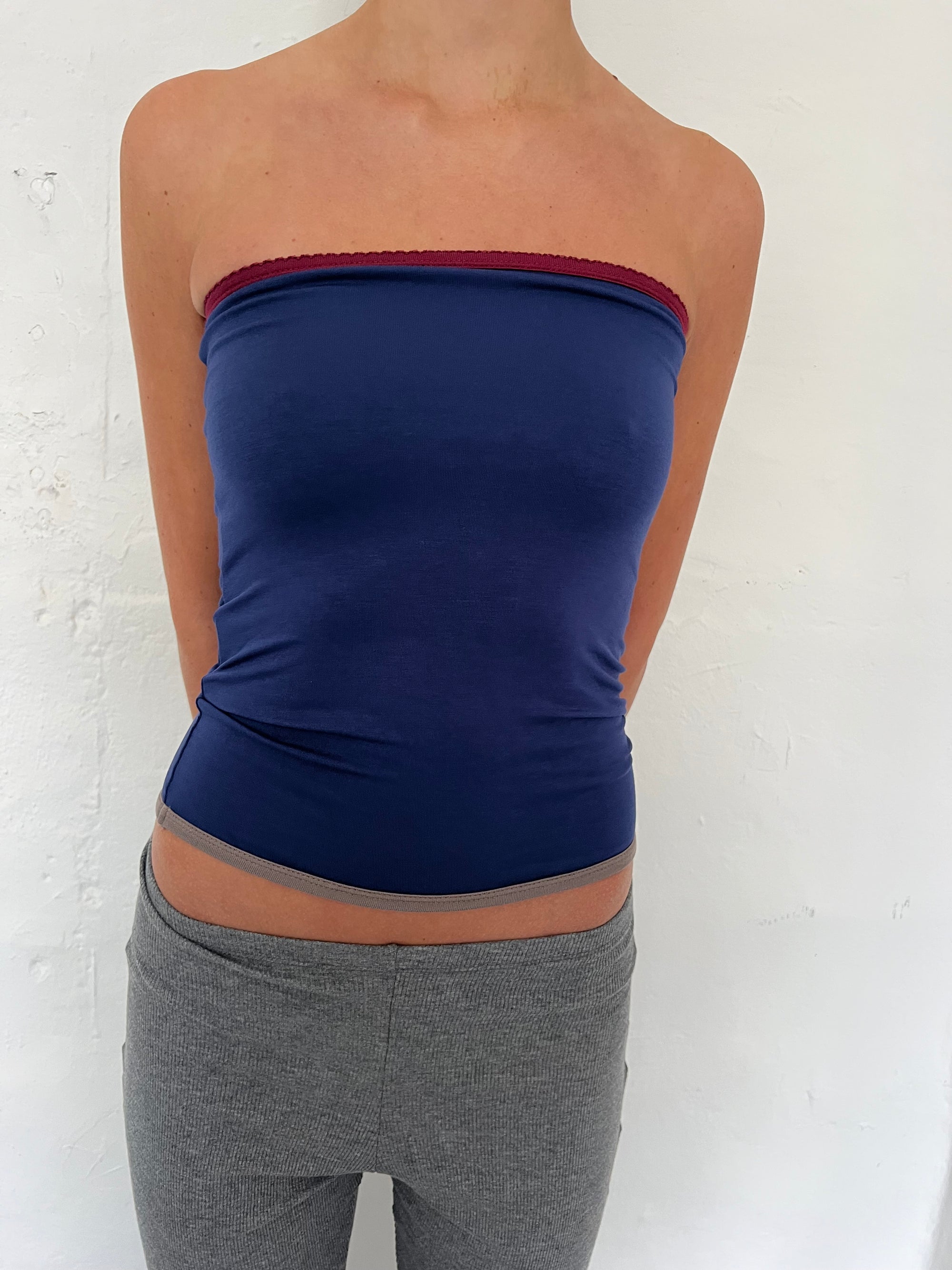 Bandeau top in viscose, picoeta burgundy/ocean/grey