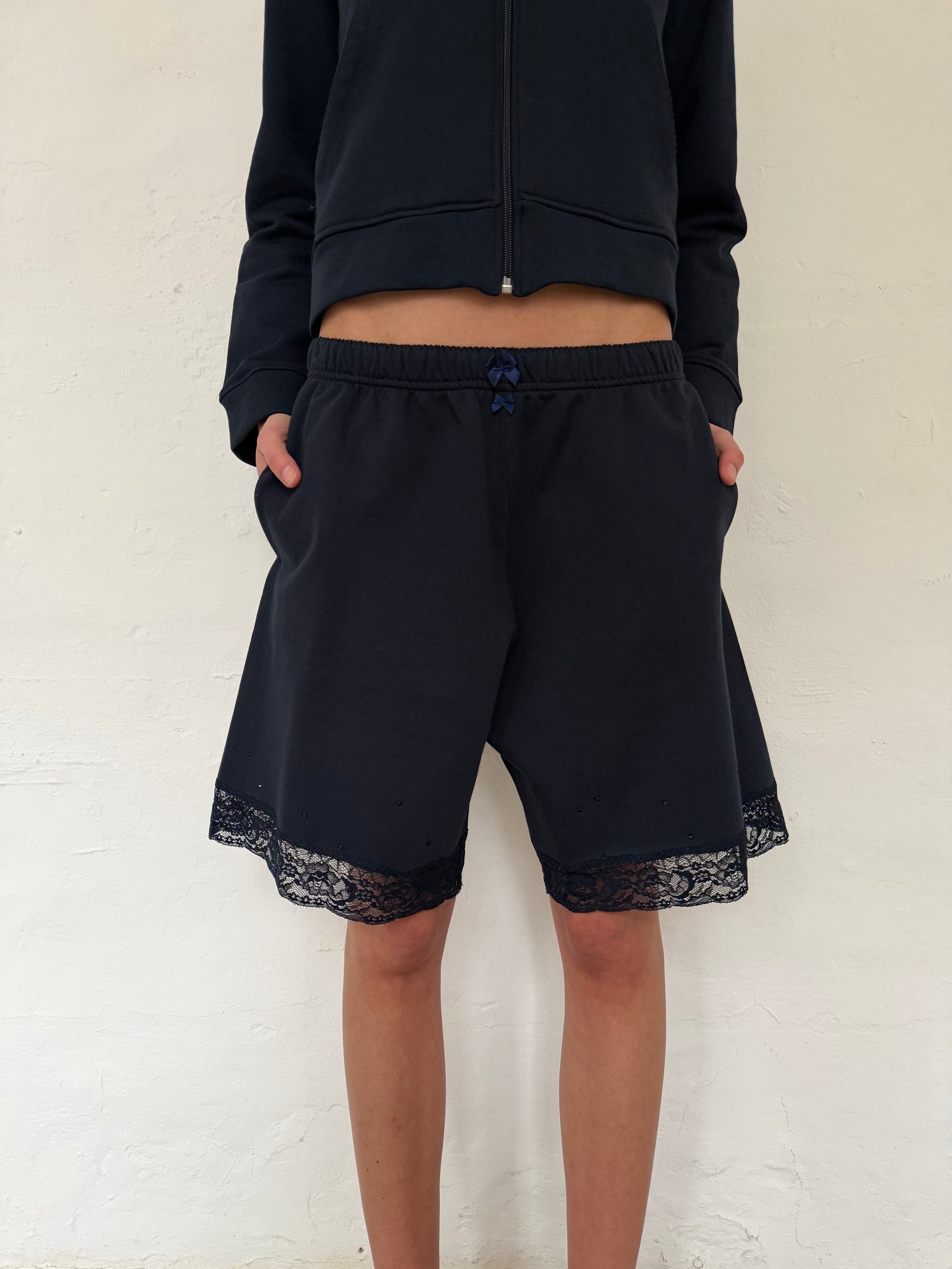 Lace Bermuda Sweatshorts in Cotton, Navy