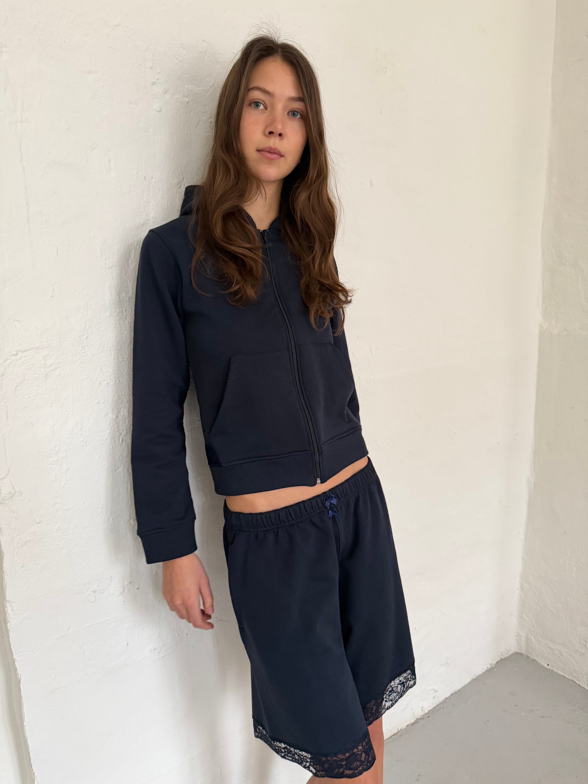 Lace Bermuda Sweatshorts in Cotton, Navy