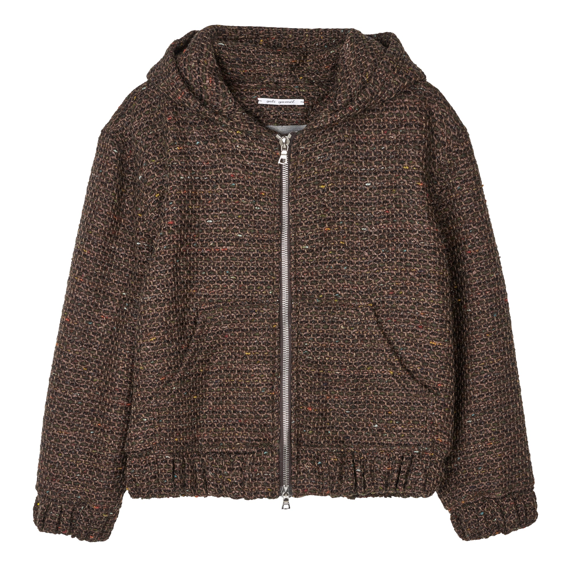 Hooded zip-up jacket in bouclé wool blend, honeycomb