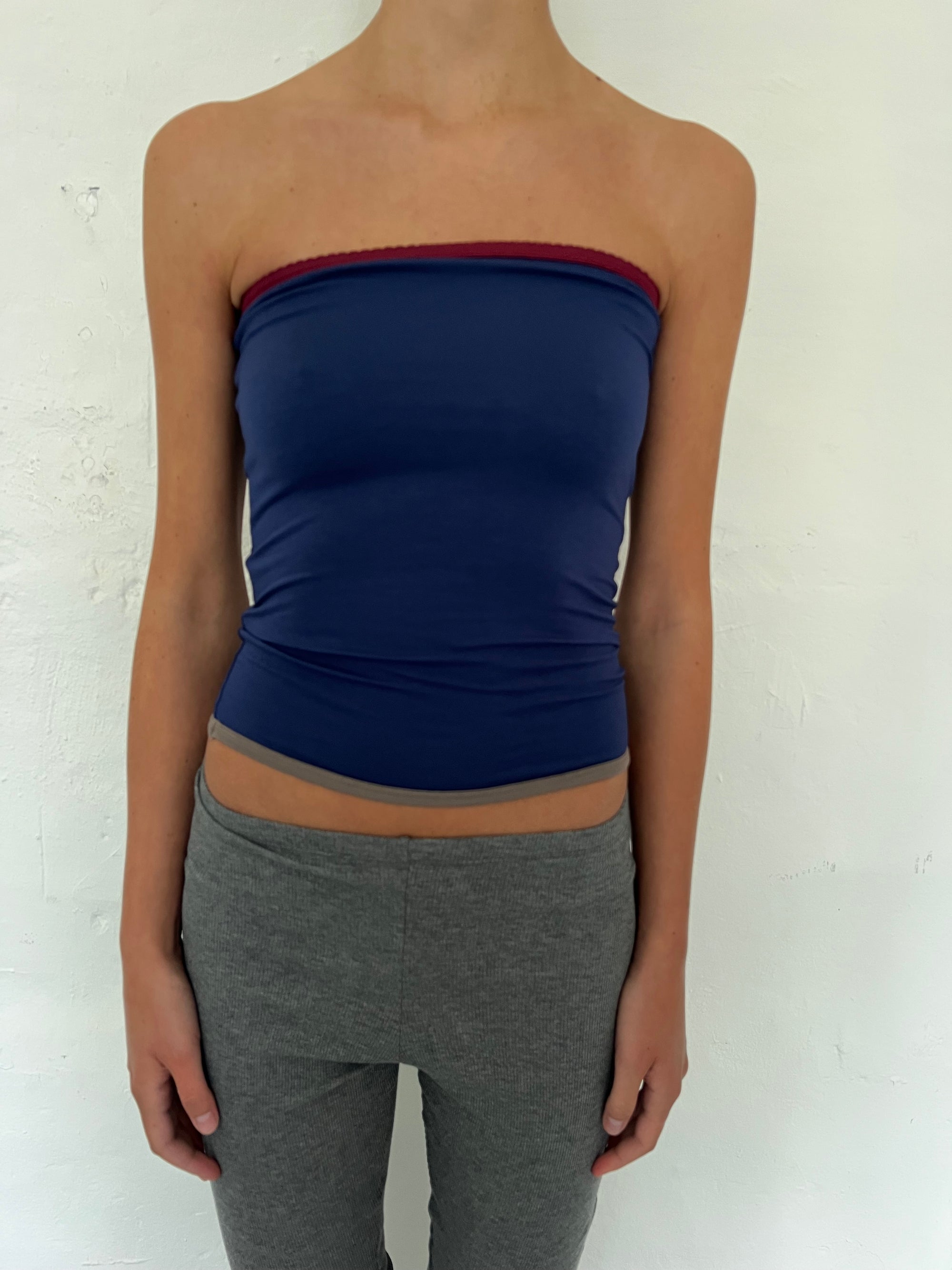 Bandeau top in viscose, picoeta burgundy/ocean/grey