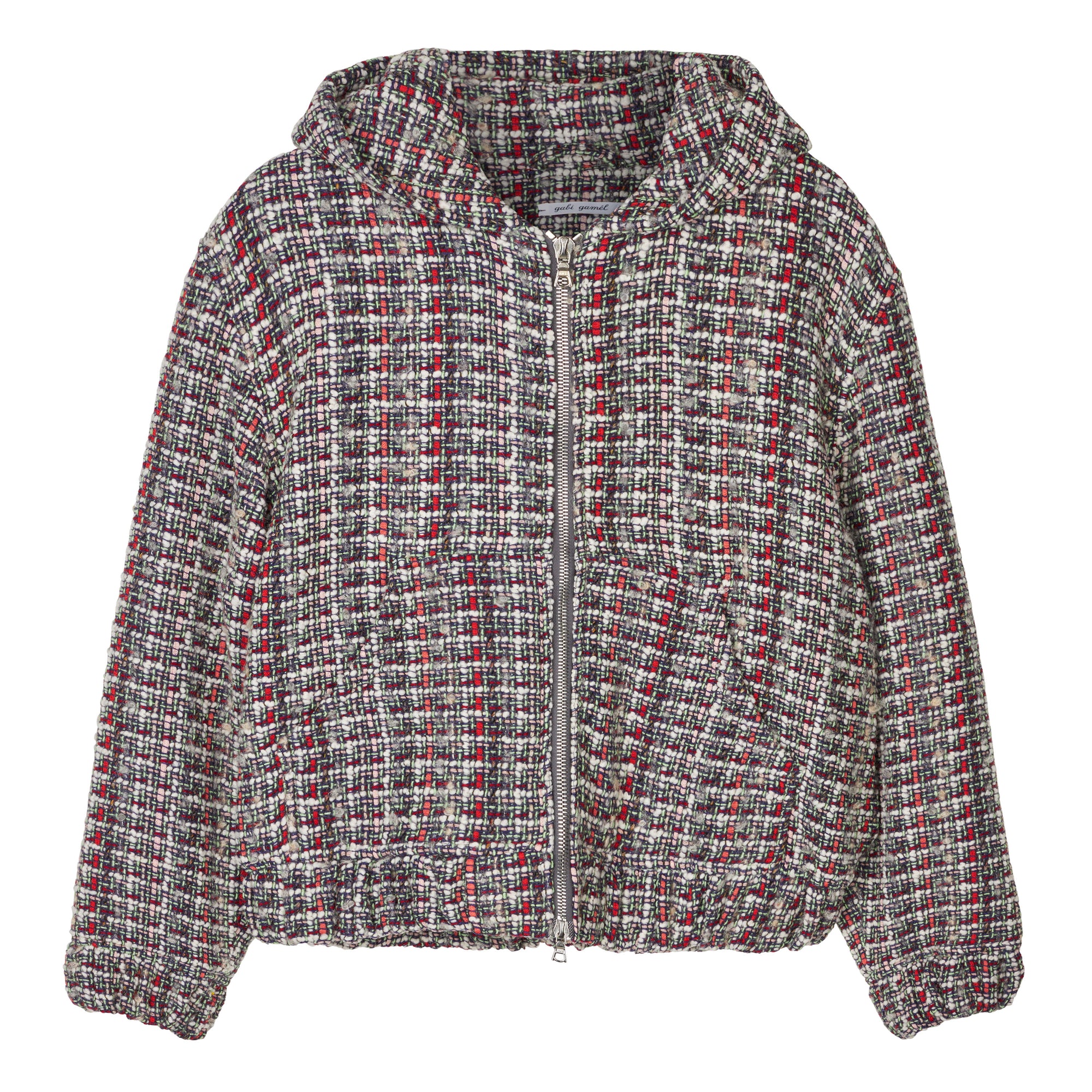 Hooded zip-up jacket in bouclé wool blend, strawberry comb
