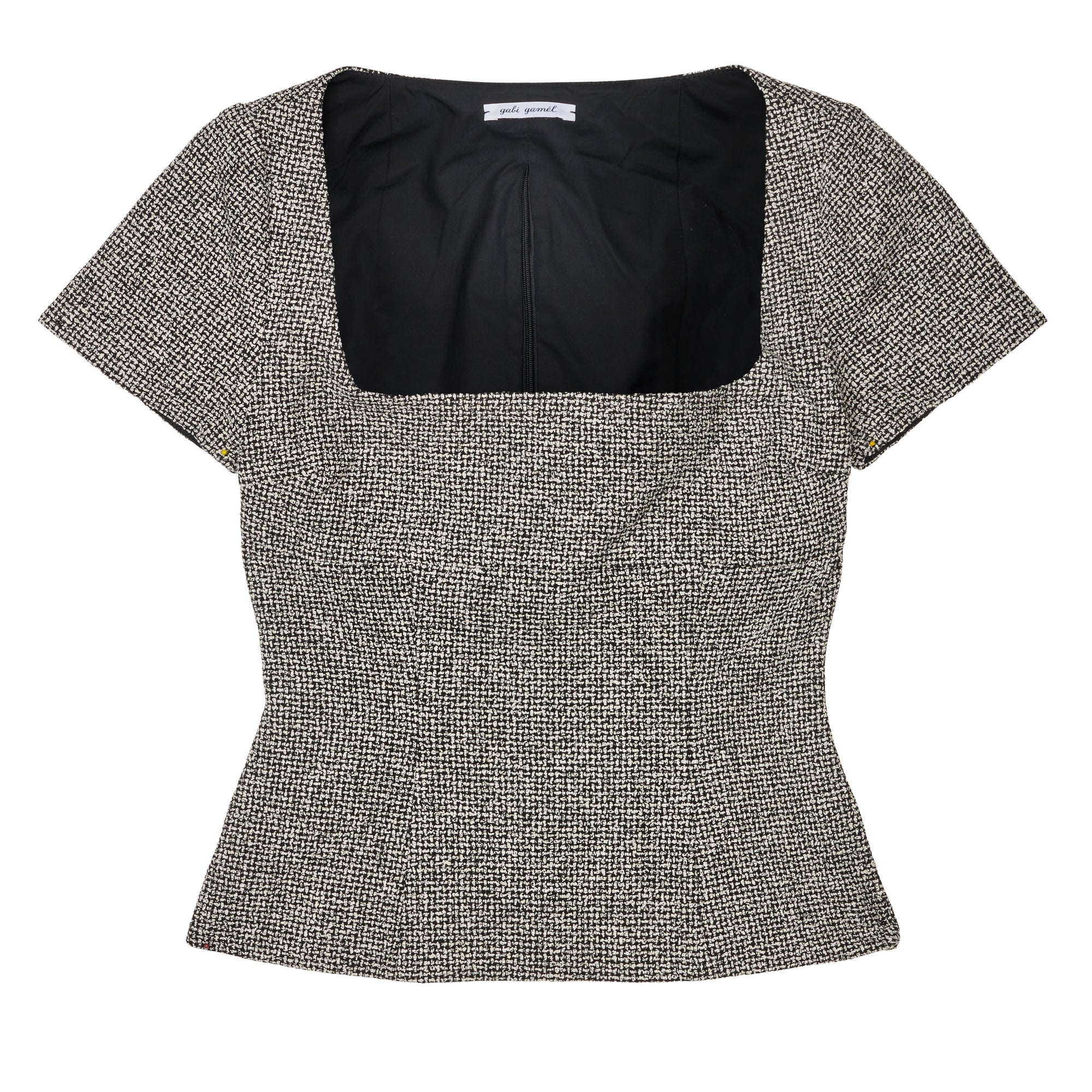 Corset top in black white checkered bouclé wool blend