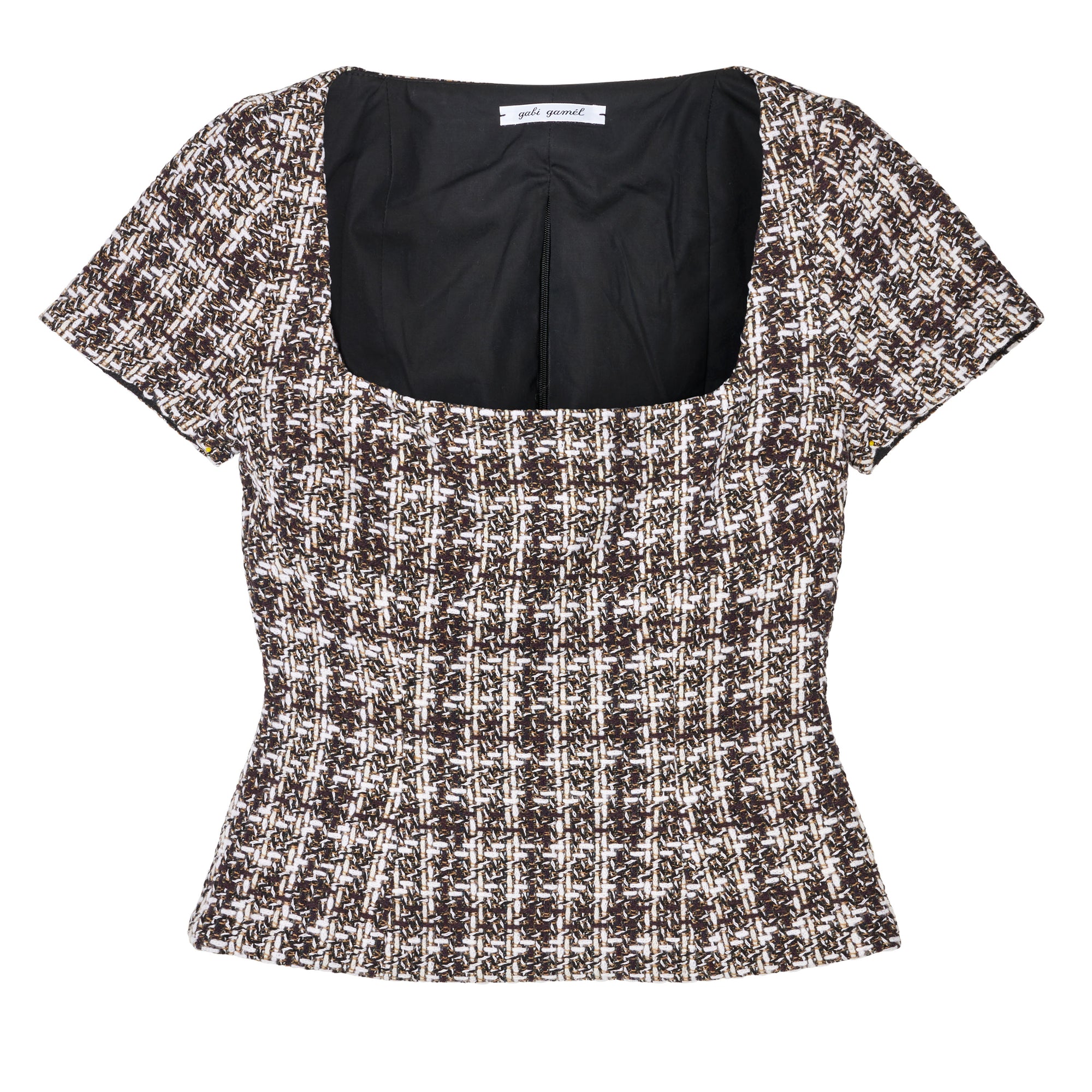 Corset top in burgundy checkered bouclé wool blend