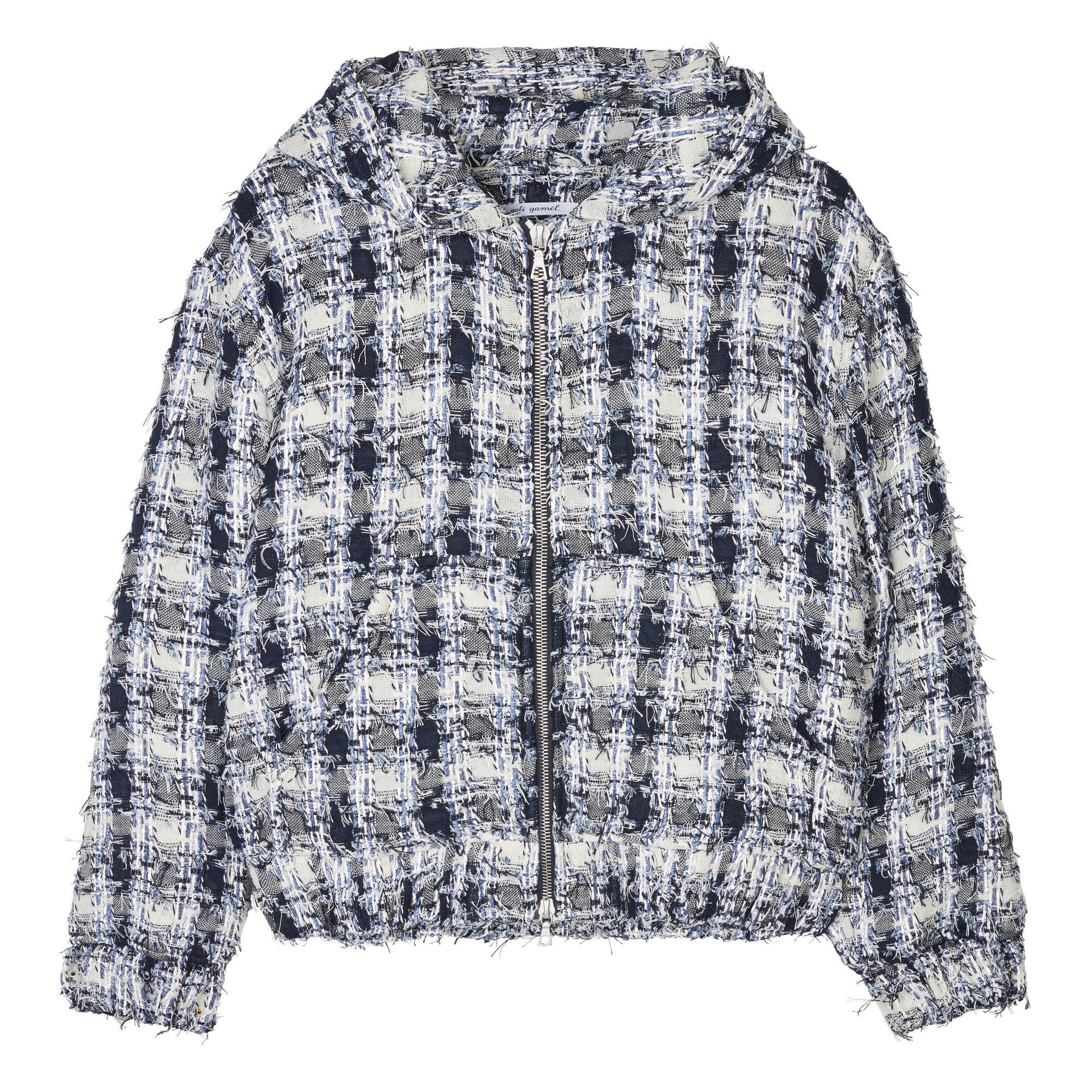 Hooded zip-up jacket in bouclé wool blend, navy white flag