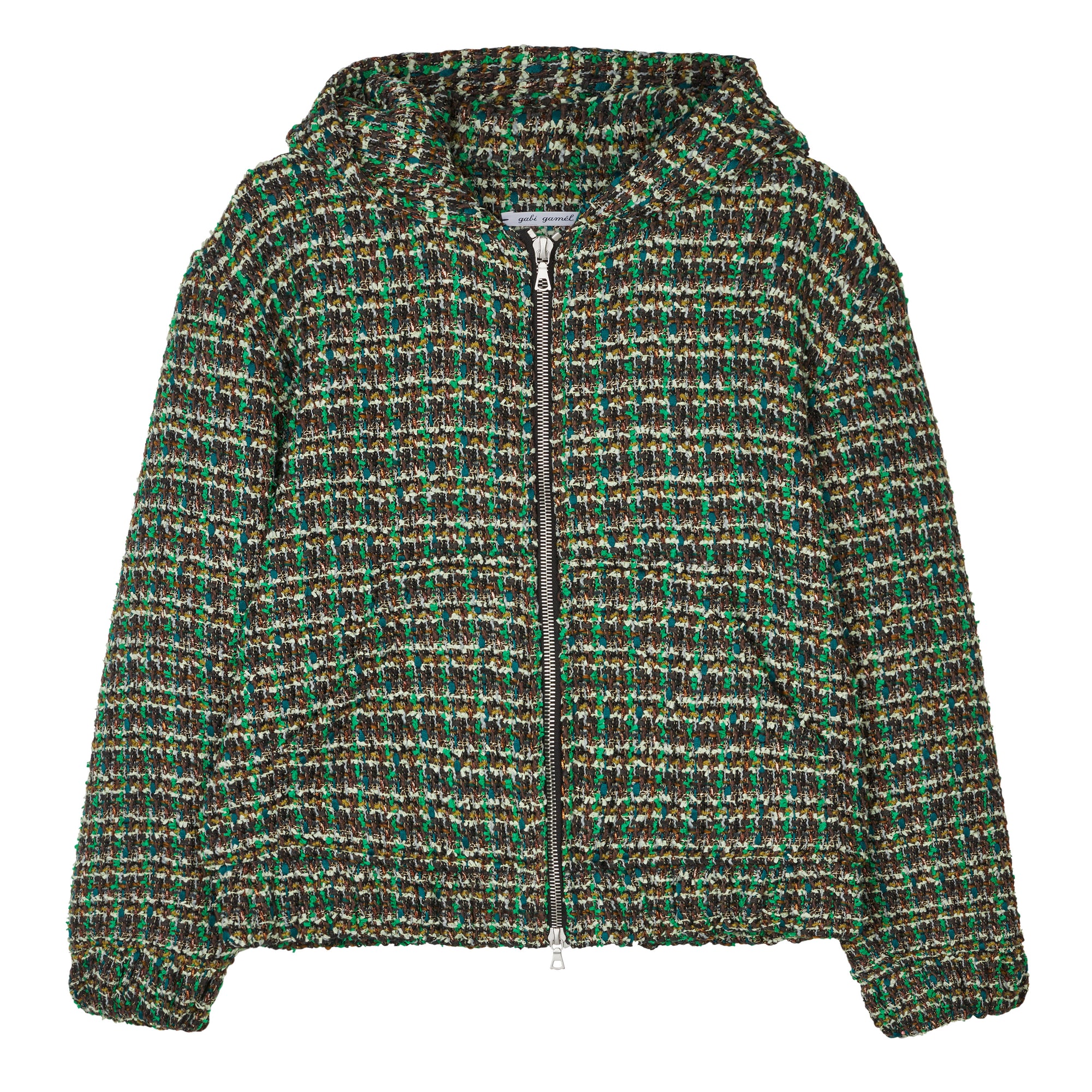 Hooded zip-up jacket in bouclé wool blend, shades of green