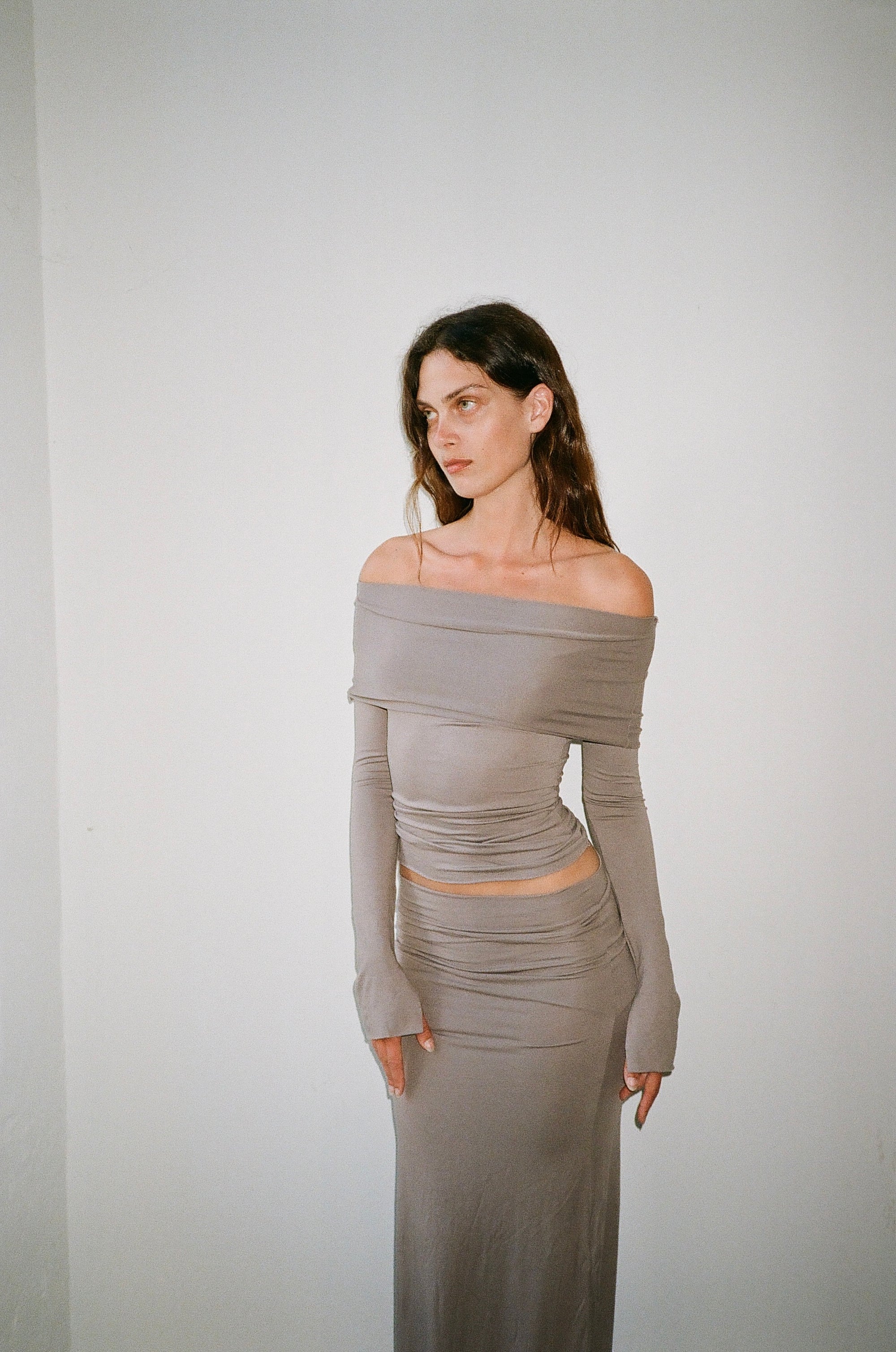 Long sleeved off shoulder top in mud