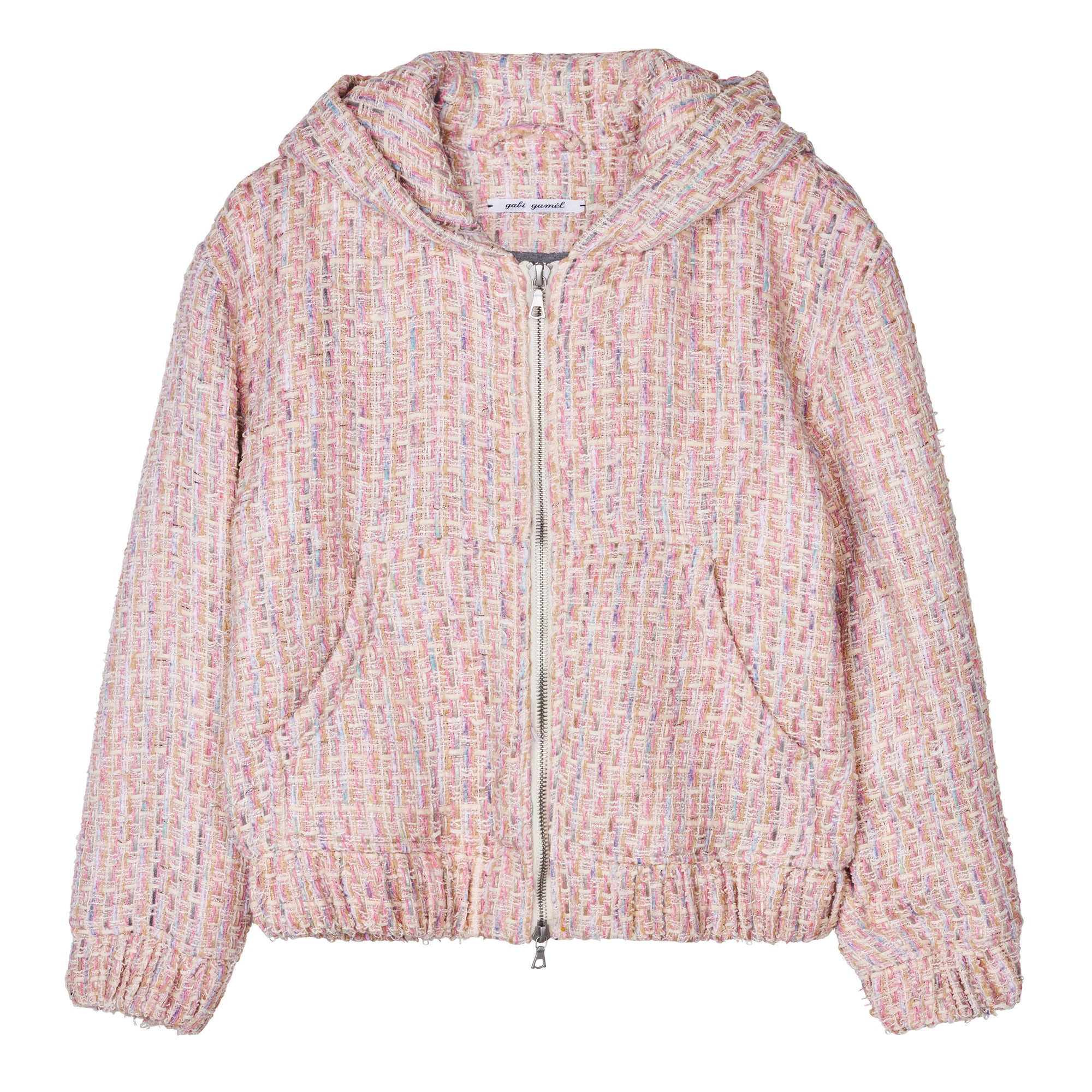 Hooded Zip-Up Jacket in Bouclé Wool Blend, Bubblegum