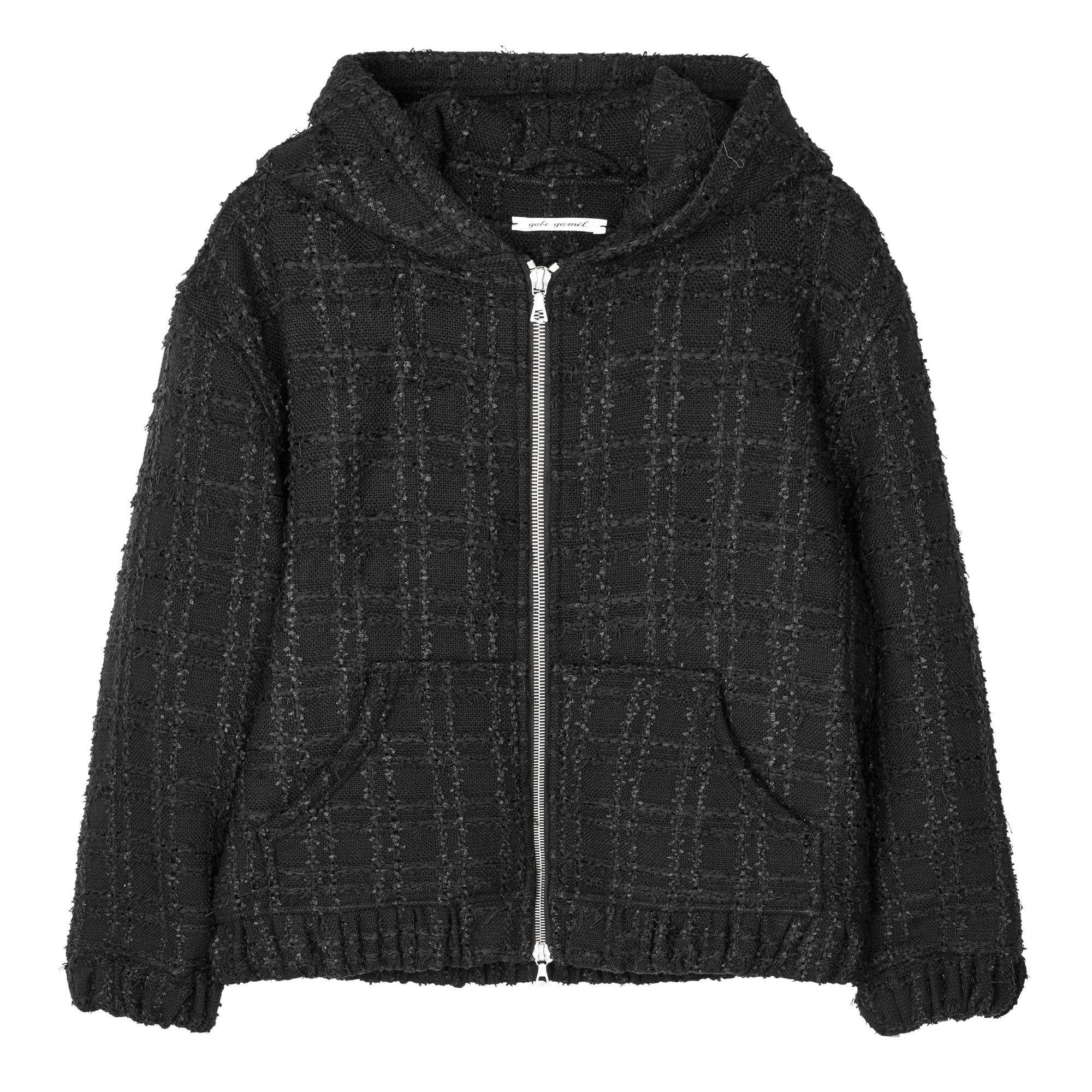 Hooded zip-up jacket in bouclé wool blend, Black Textured Check