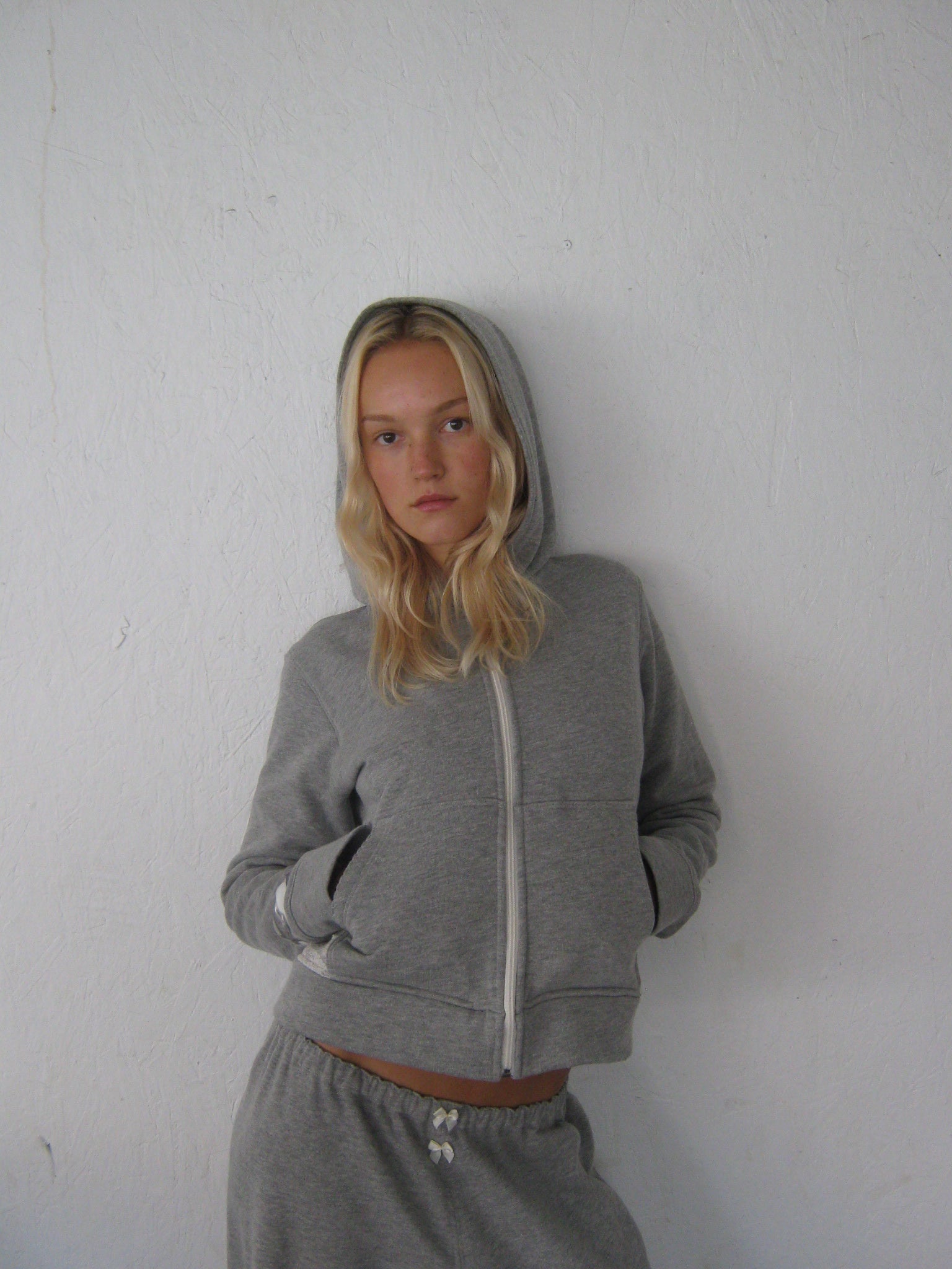 pre-order, lace zip-up hoodie in light grey cotton