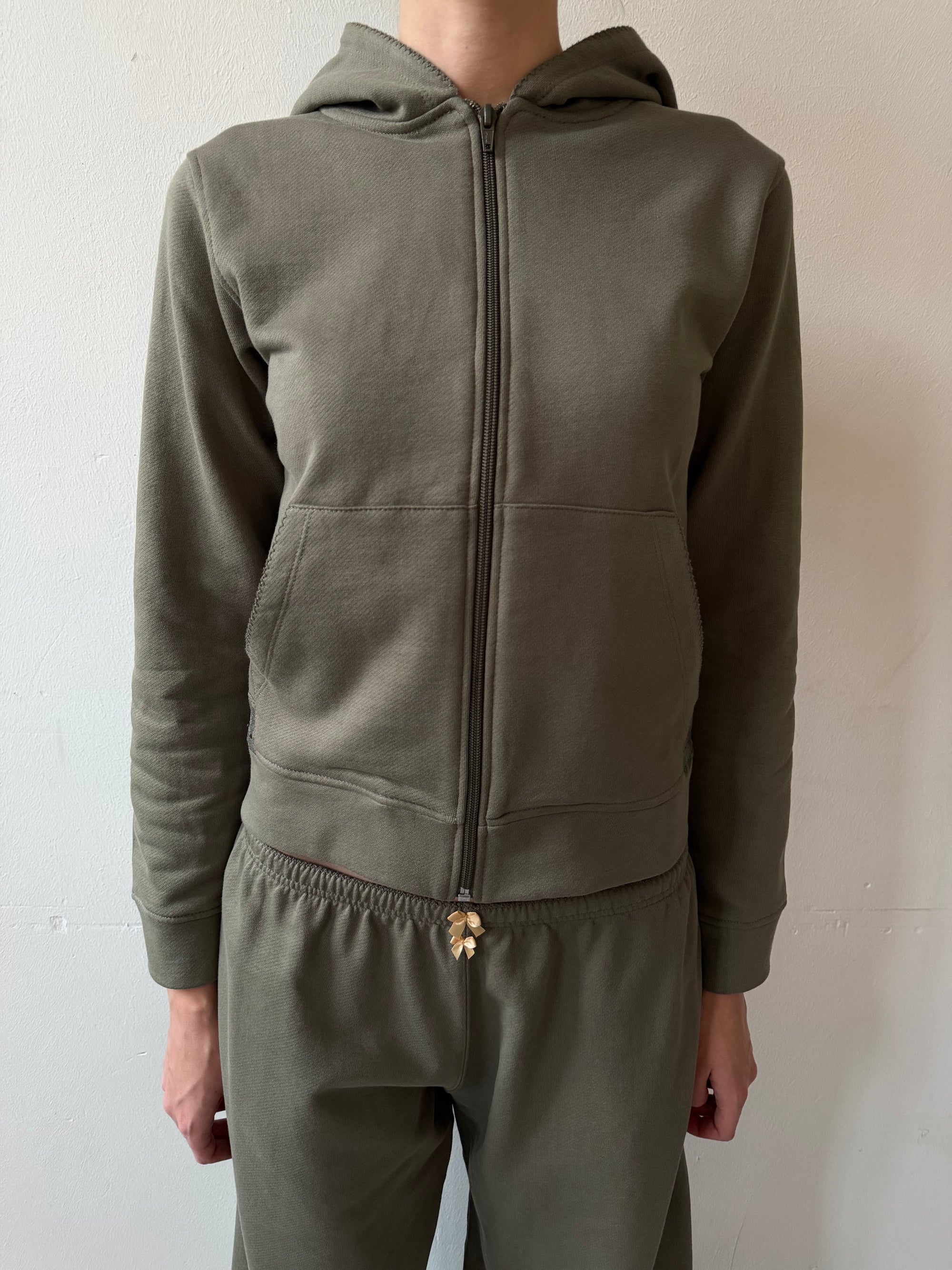 Lace zip-up hoodie in cotton, khaki