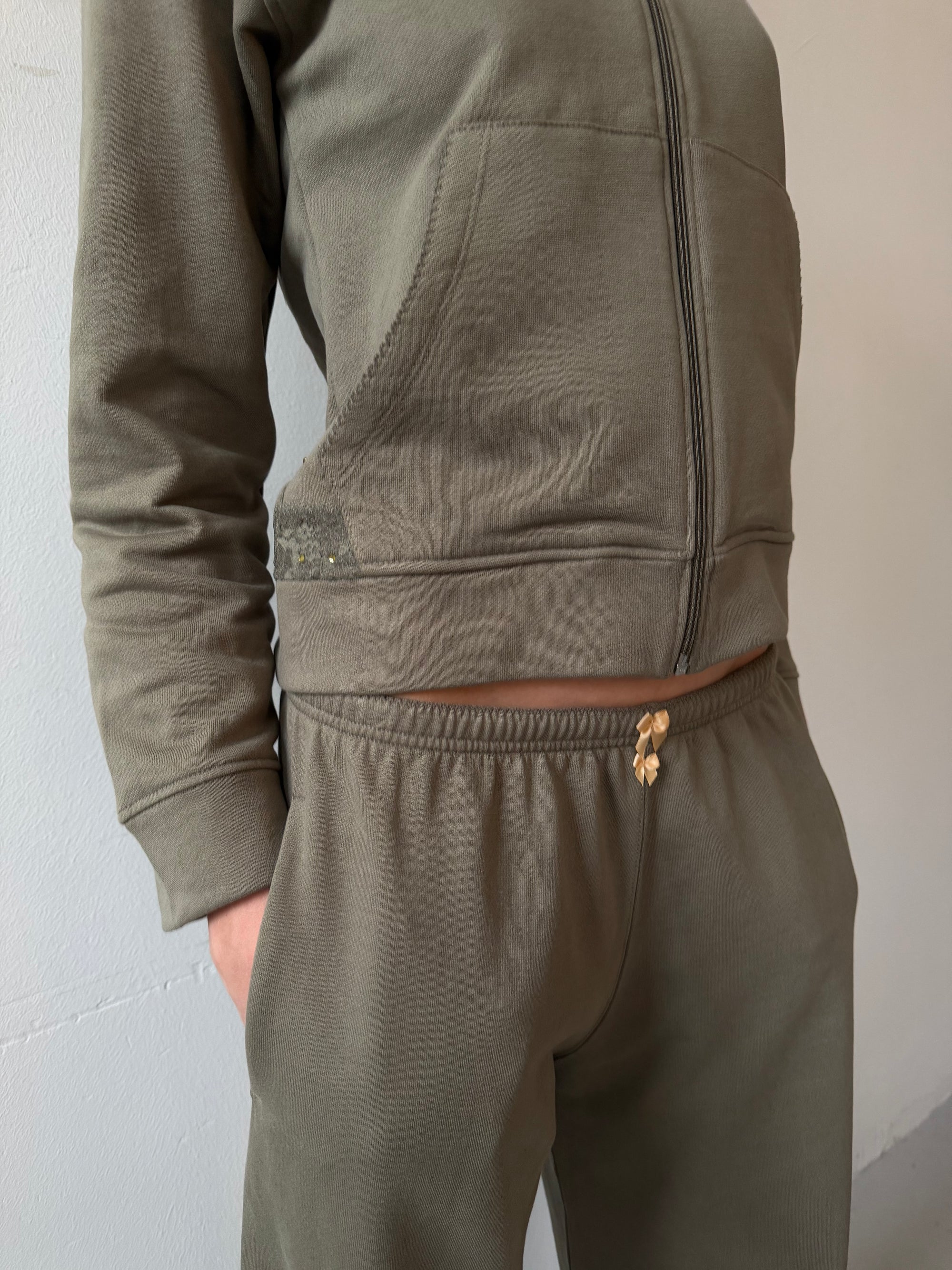 Lace zip-up hoodie in cotton, khaki