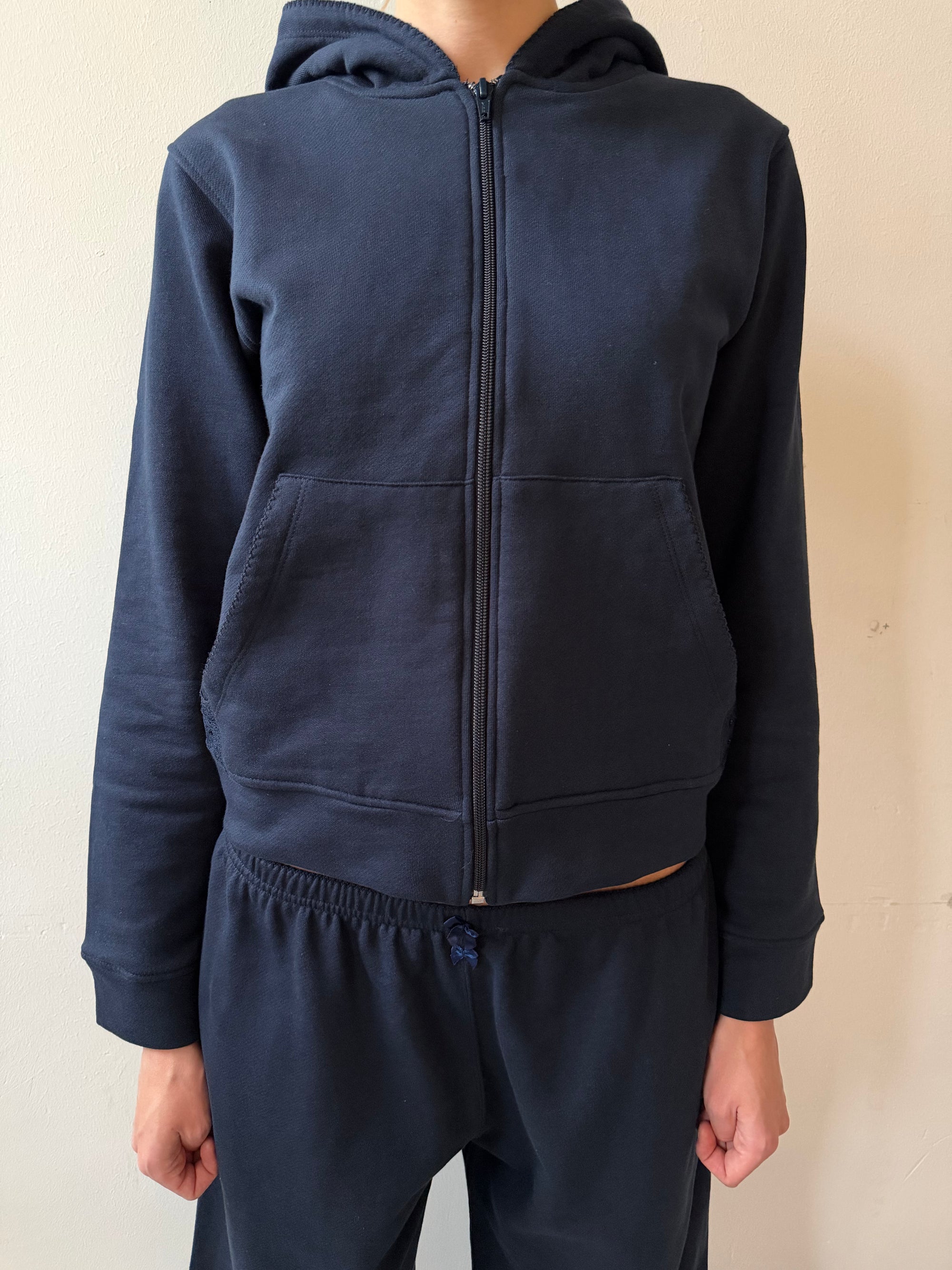 Lace zip-up hoodie in cotton, navy