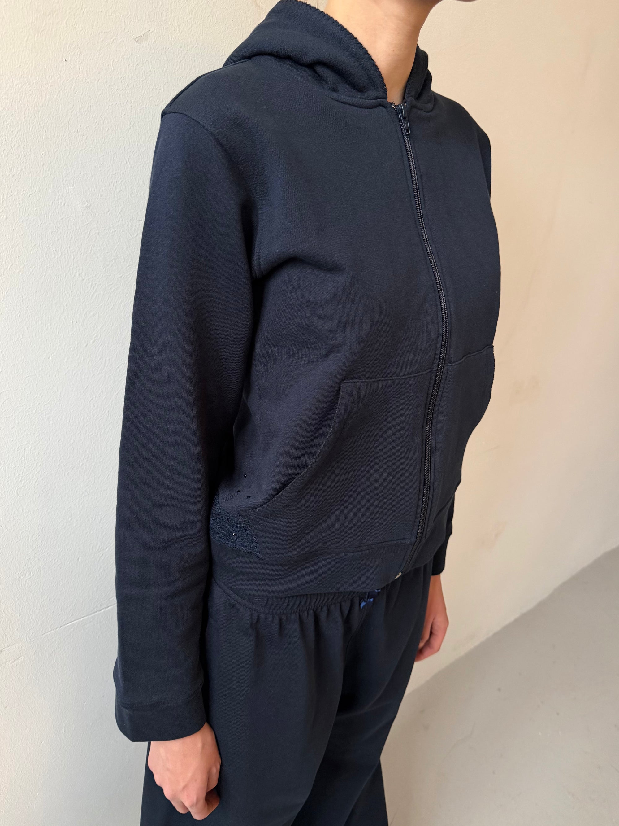 Lace zip-up hoodie in cotton, navy