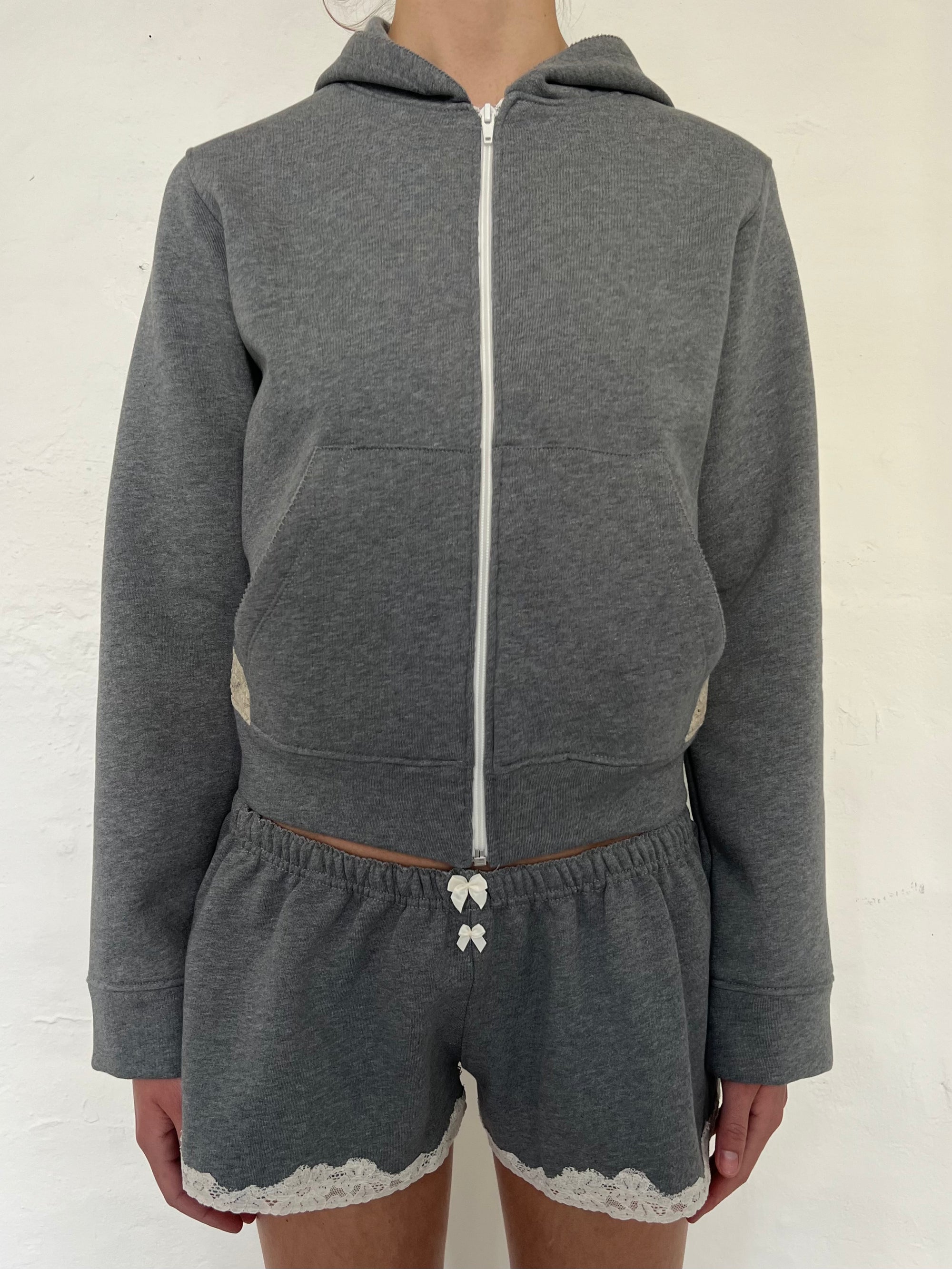 Lace zip-up hoodie in cotton, dark grey melange