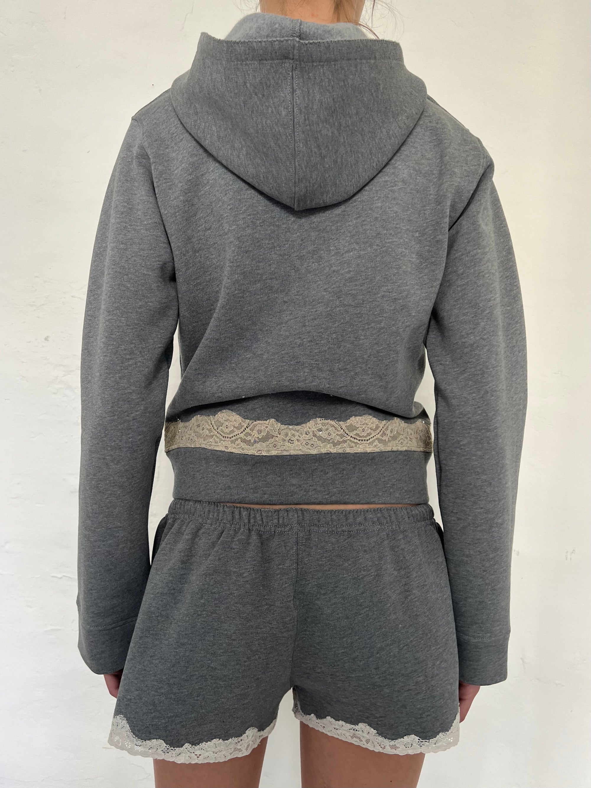 Lace zip-up hoodie in cotton, dark grey melange