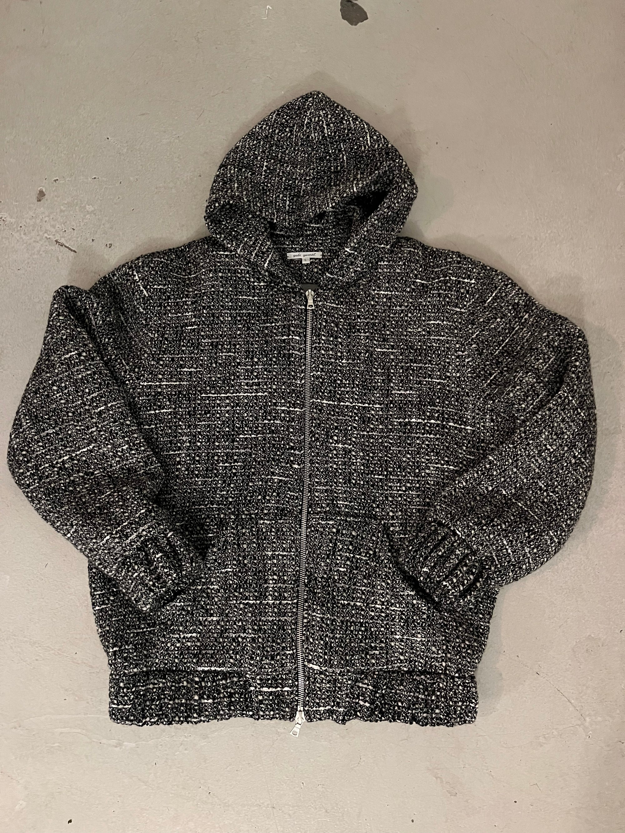 made to order, Hooded zip-up jacket in bouclé wool blend, black white grey