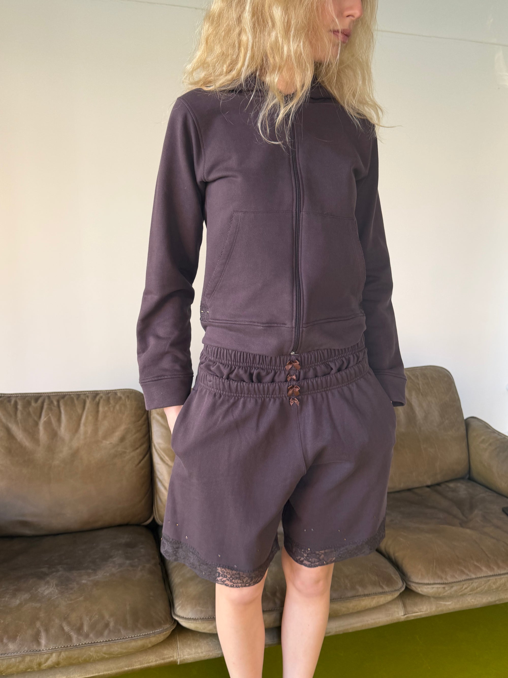 Lace Zip-up Hoodie in Cotton, Cocoa Brown