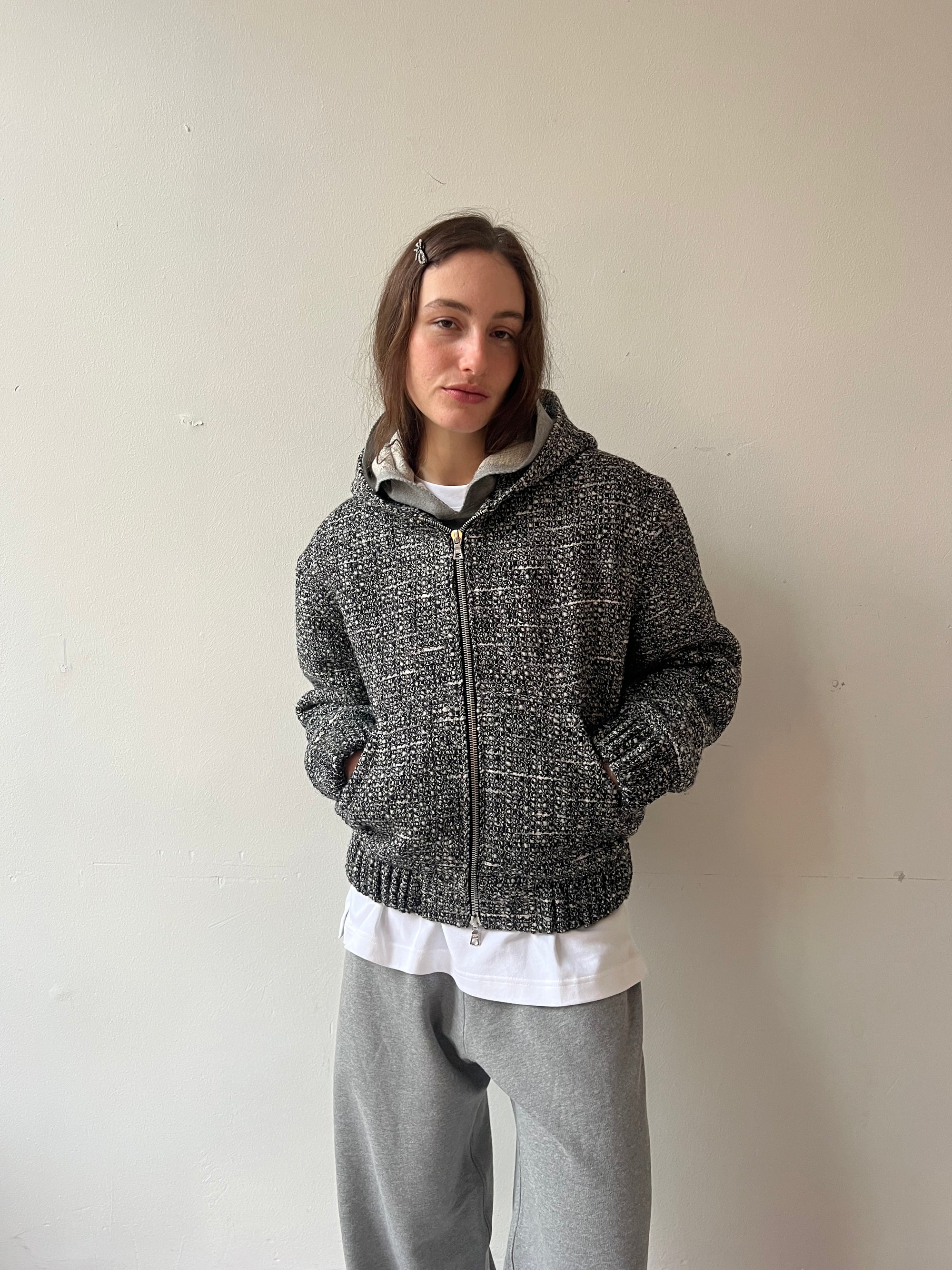 made to order, Hooded zip-up jacket in bouclé wool blend, salt and peper