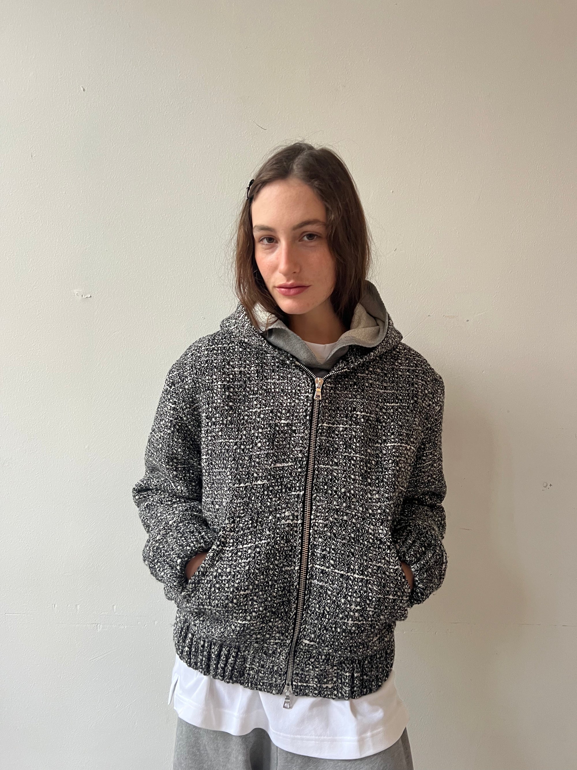 made to order, Hooded zip-up jacket in bouclé wool blend, salt and peper