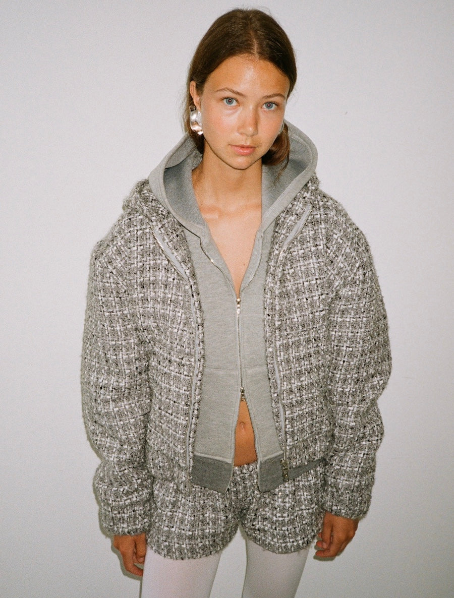 made to order, hooded zip-up jacket in grey bouclé wool