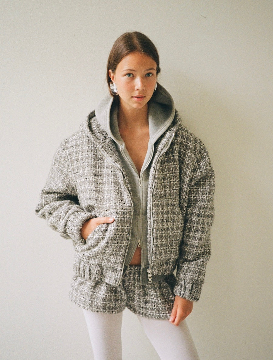 made to order, hooded zip-up jacket in grey bouclé wool