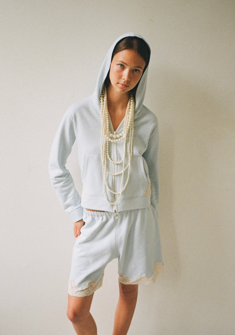 Lace zip-up hoodie in cotton, blue