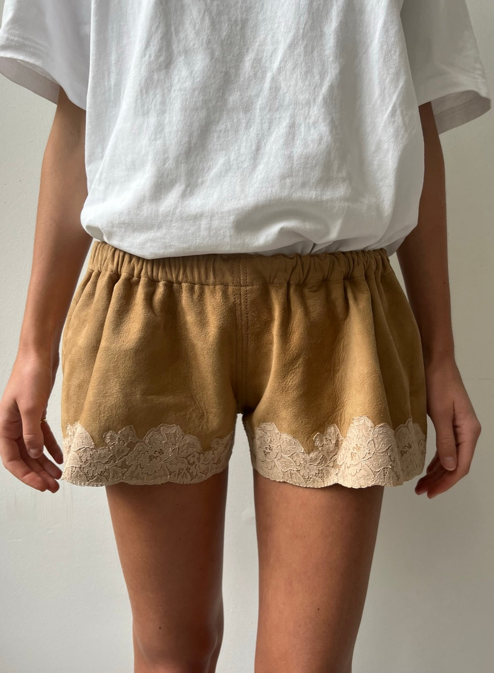 made to order, mini lace shorts in suede lambskin