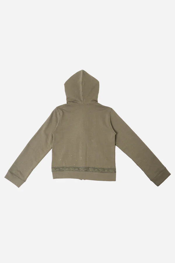 Lace Zip-up Hoodie in Cotton, Khaki