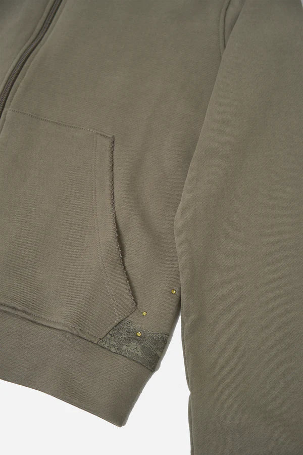 Lace Zip-up Hoodie in Cotton, Khaki