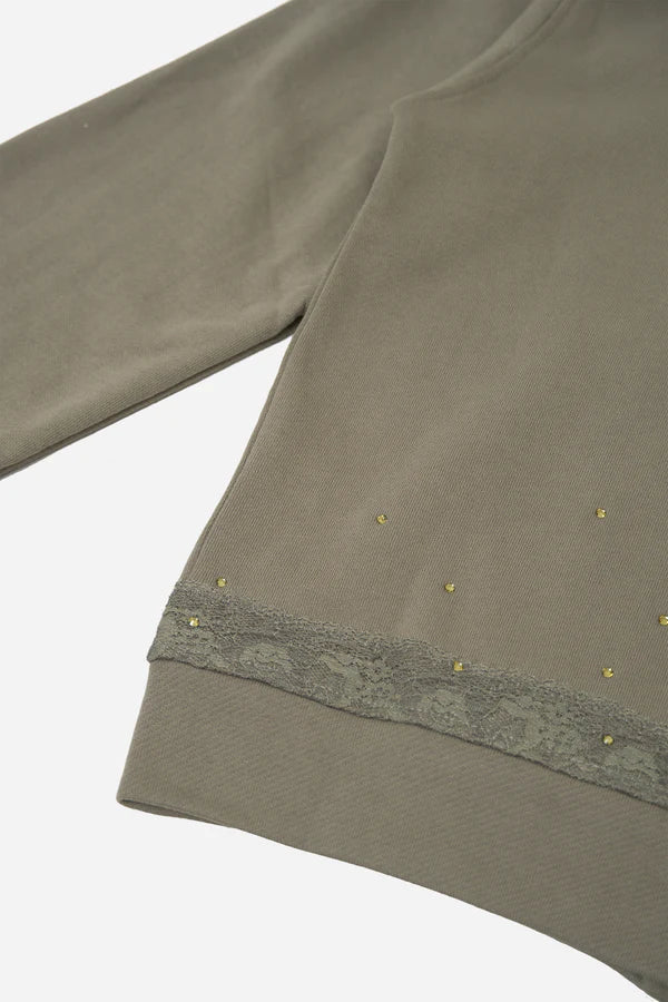 Lace Zip-up Hoodie in Cotton, Khaki