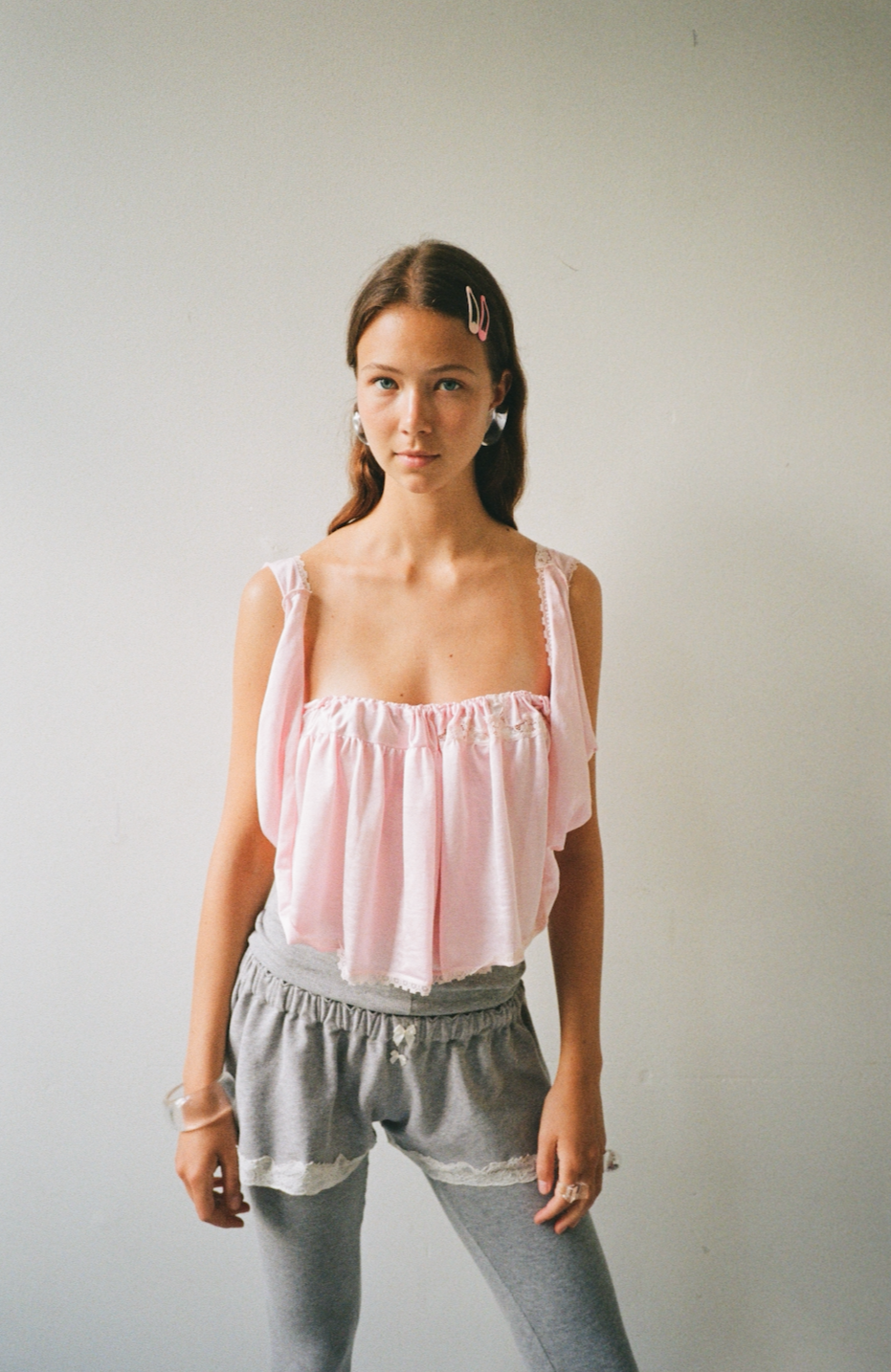 Lace mini sweat shorts in cotton, light grey melange