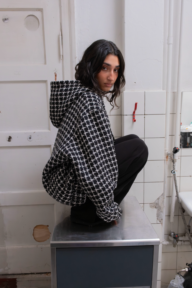 made to order, hooded zip-up jacket in checked black bouclé wool